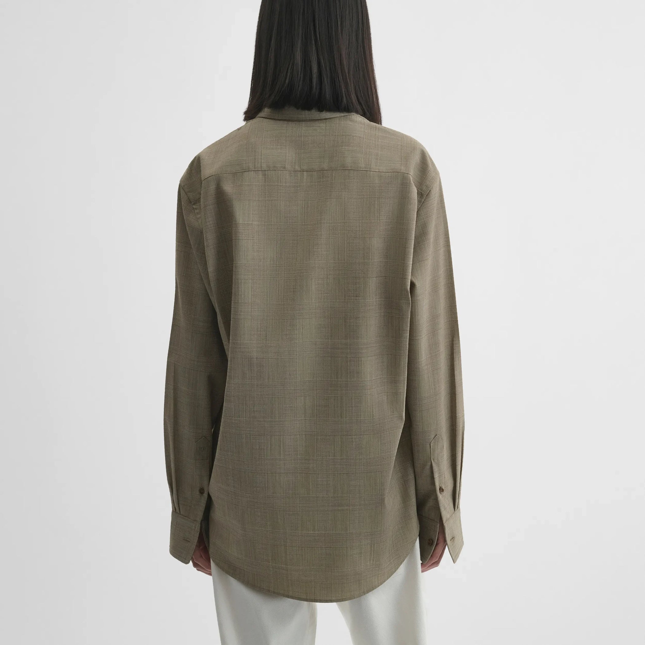 Back view of classic shirt in brown-beige wool