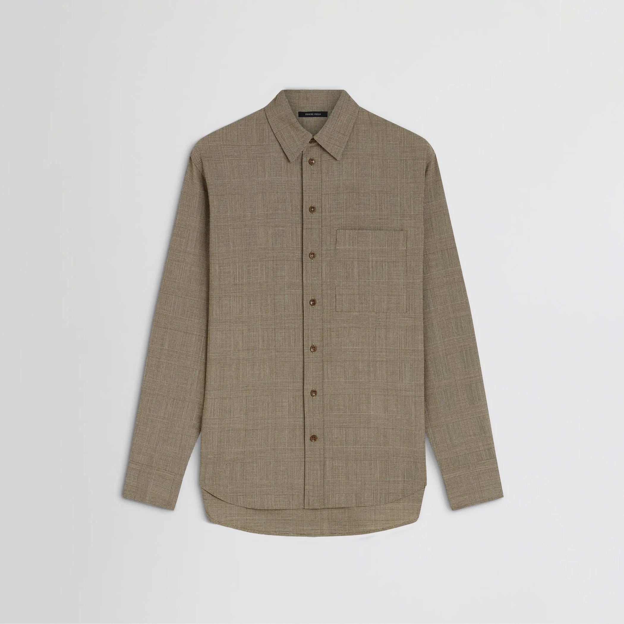 Flat front view of classic shirt in brown-beige wool
