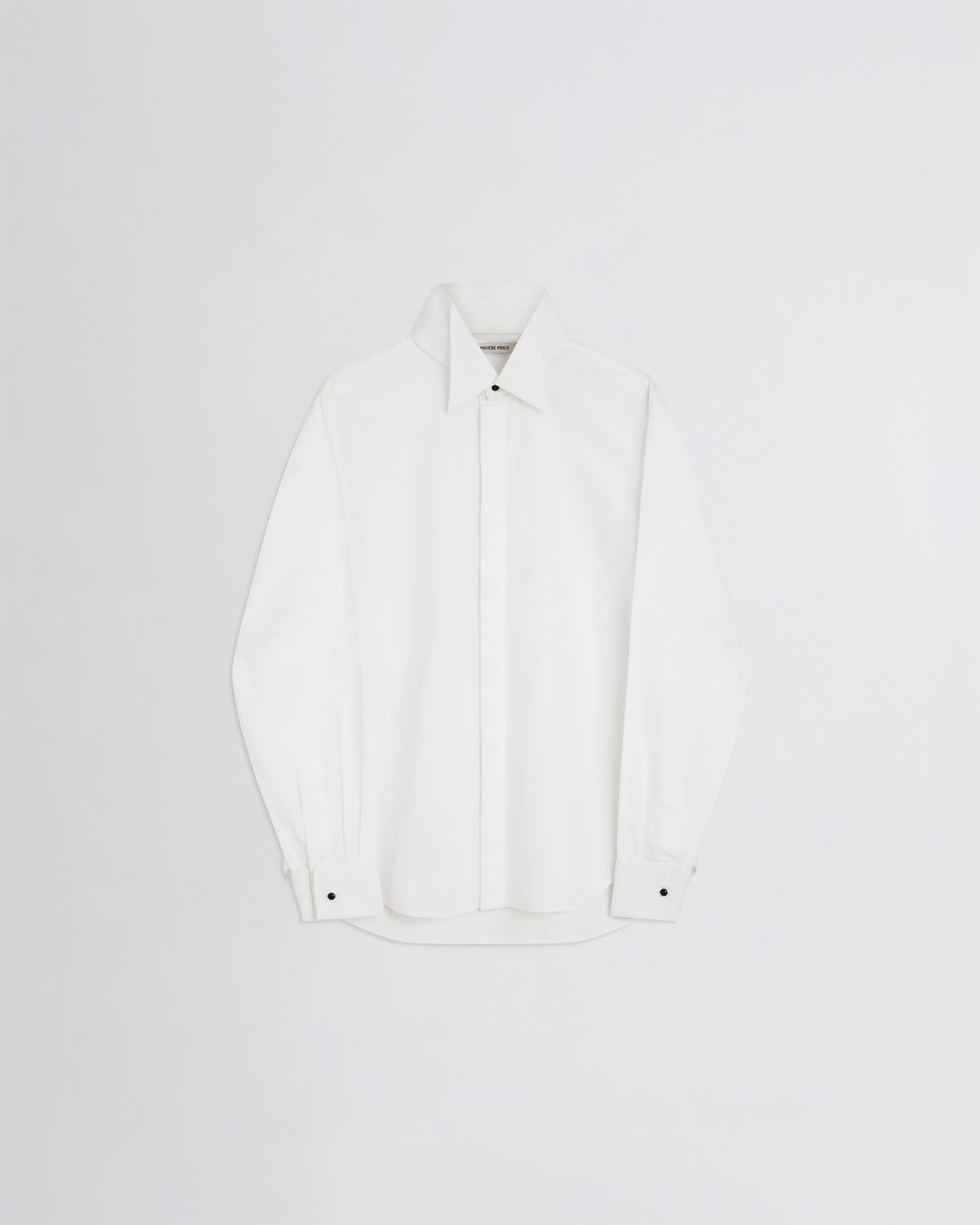 Flat front view of tuxedo shirt in white cotton