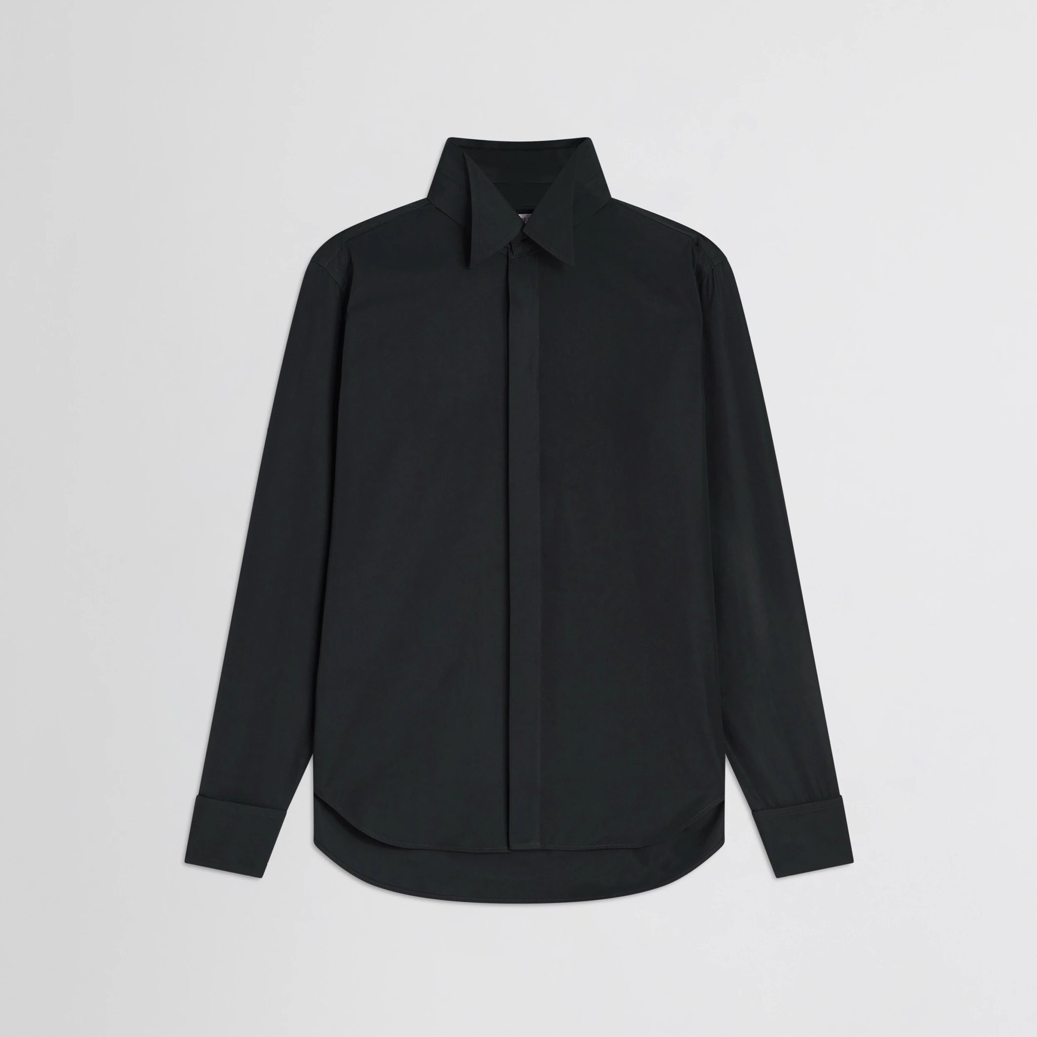 Flat front view of tuxedo shirt in black cotton.