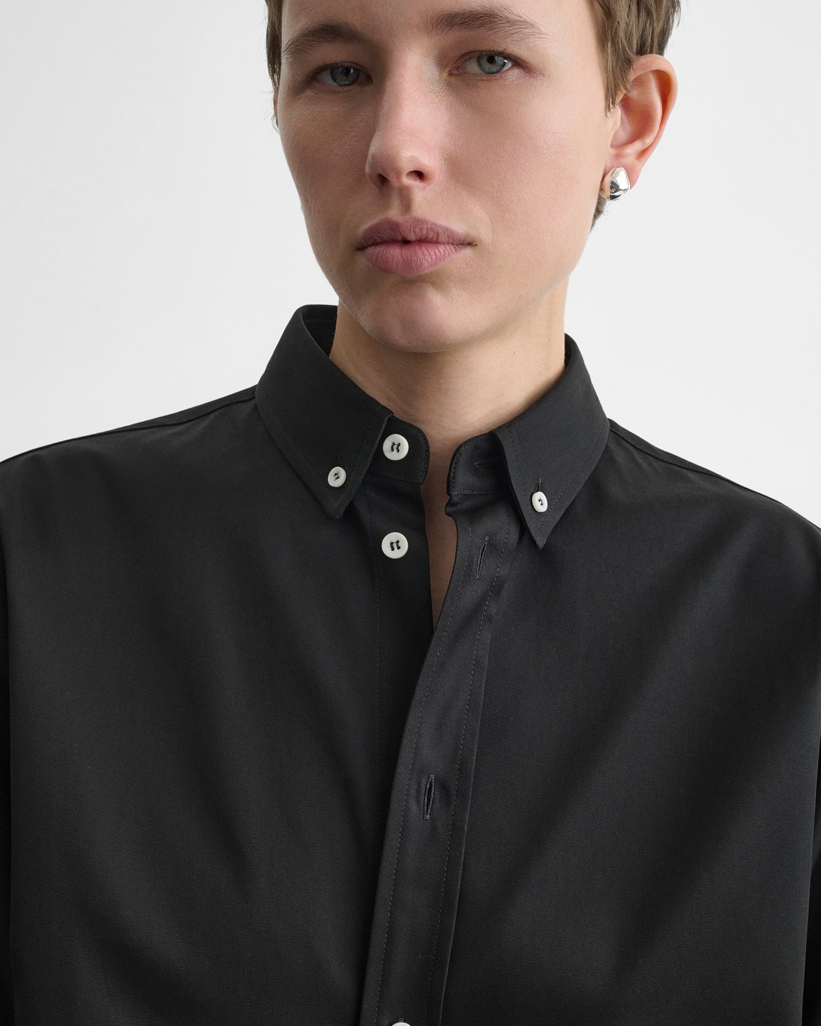 View of BUTTON COLLAR SHIRT in black cotton
