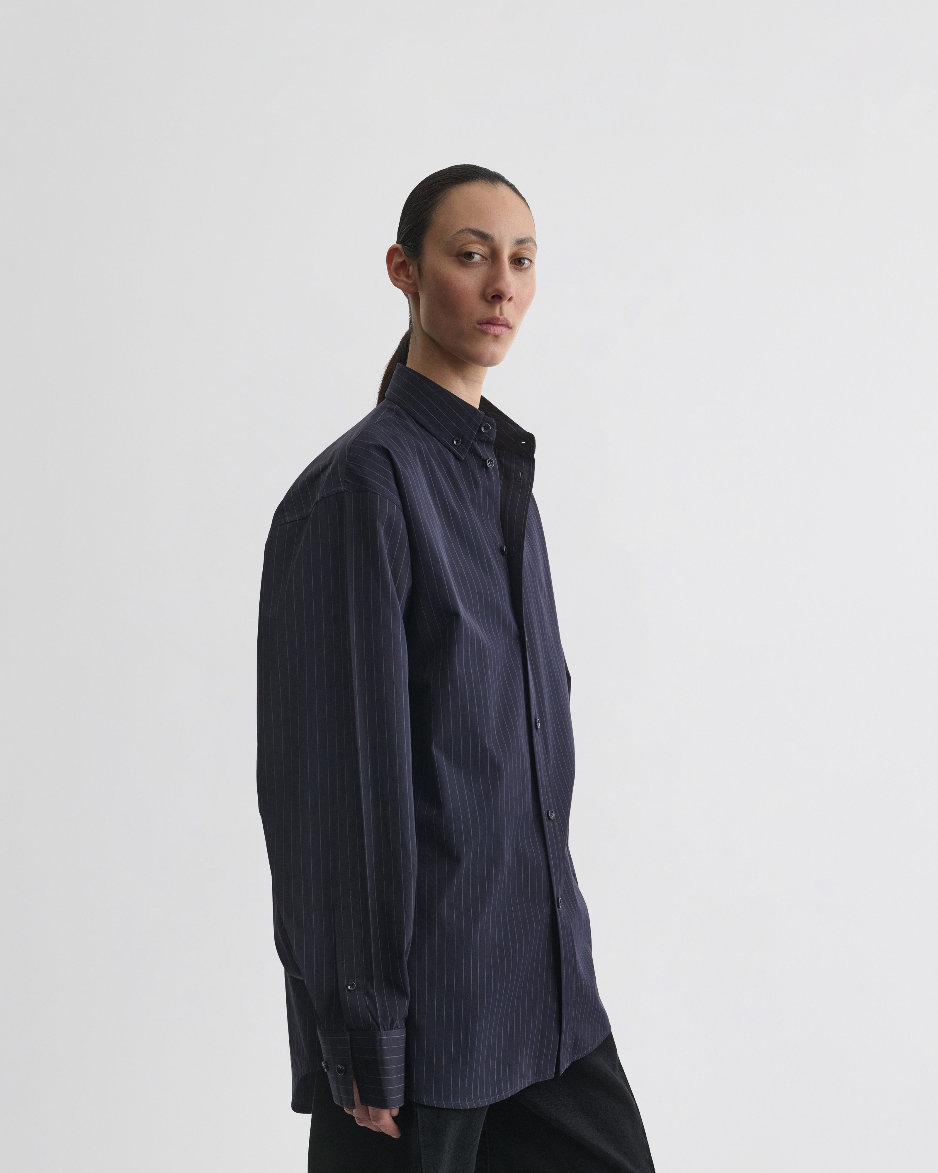 PHOEBE PHILO | BUTTON COLLAR SHIRT | MIDNIGHT PINSTRIPE COTTON