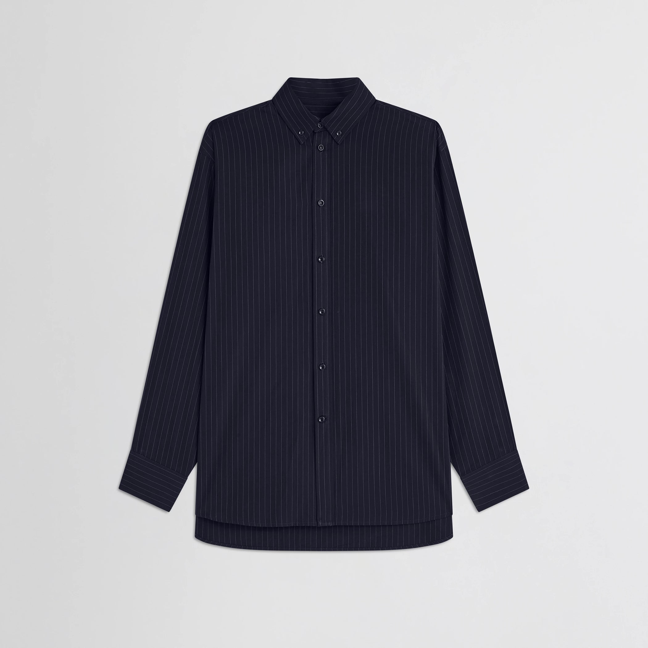 Flat front view of button collar shirt in midnight pinstripe cotton.