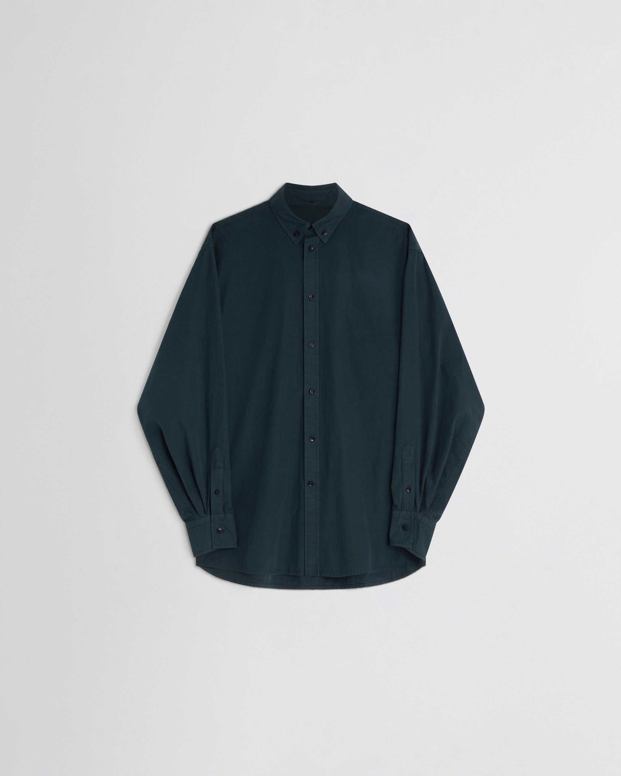 Front view of BUTTON COLLAR SHIRT in black ink cotton