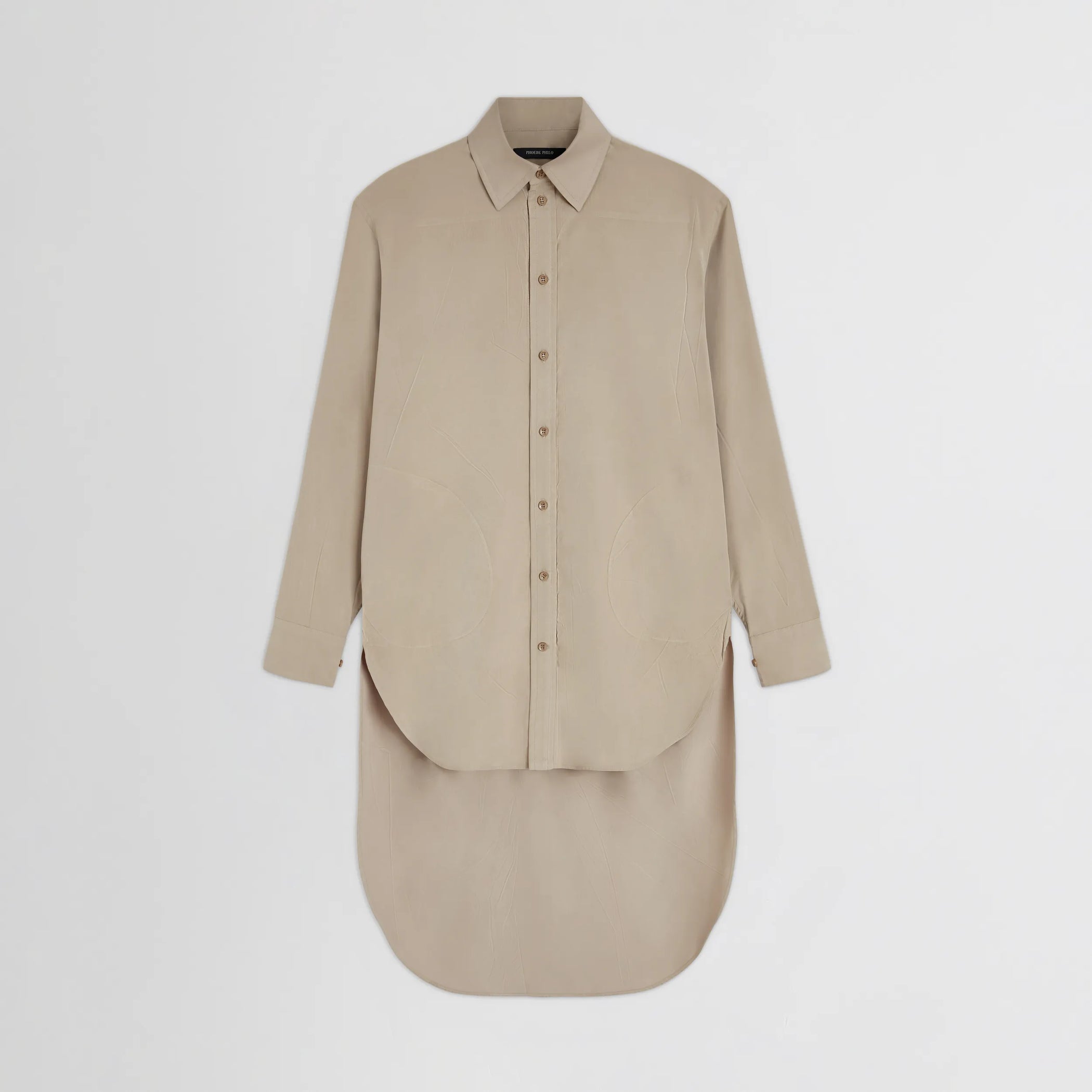 Flat front view of elongated shirt in trench cotton
