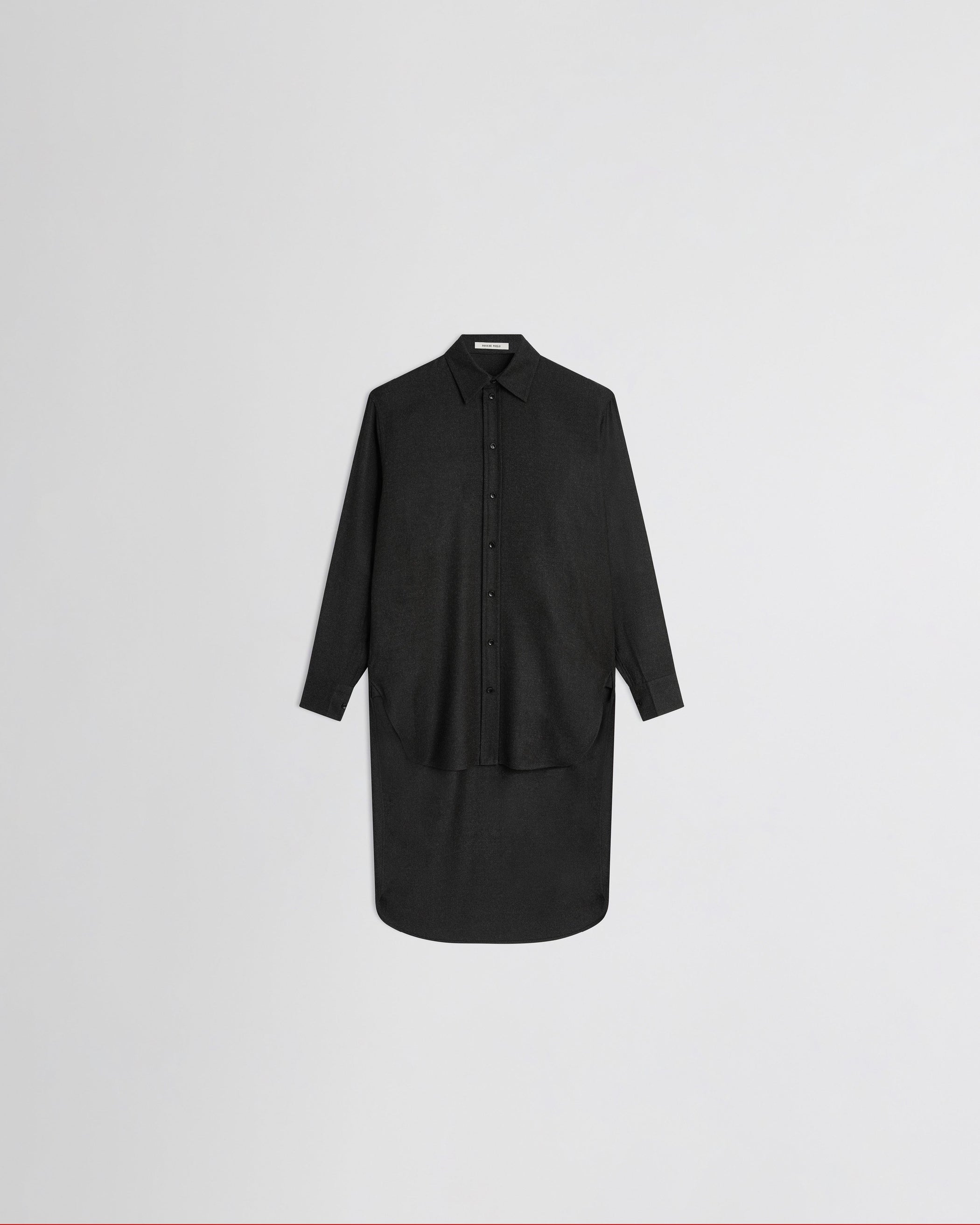 View of elongated shirt in charcoal wool