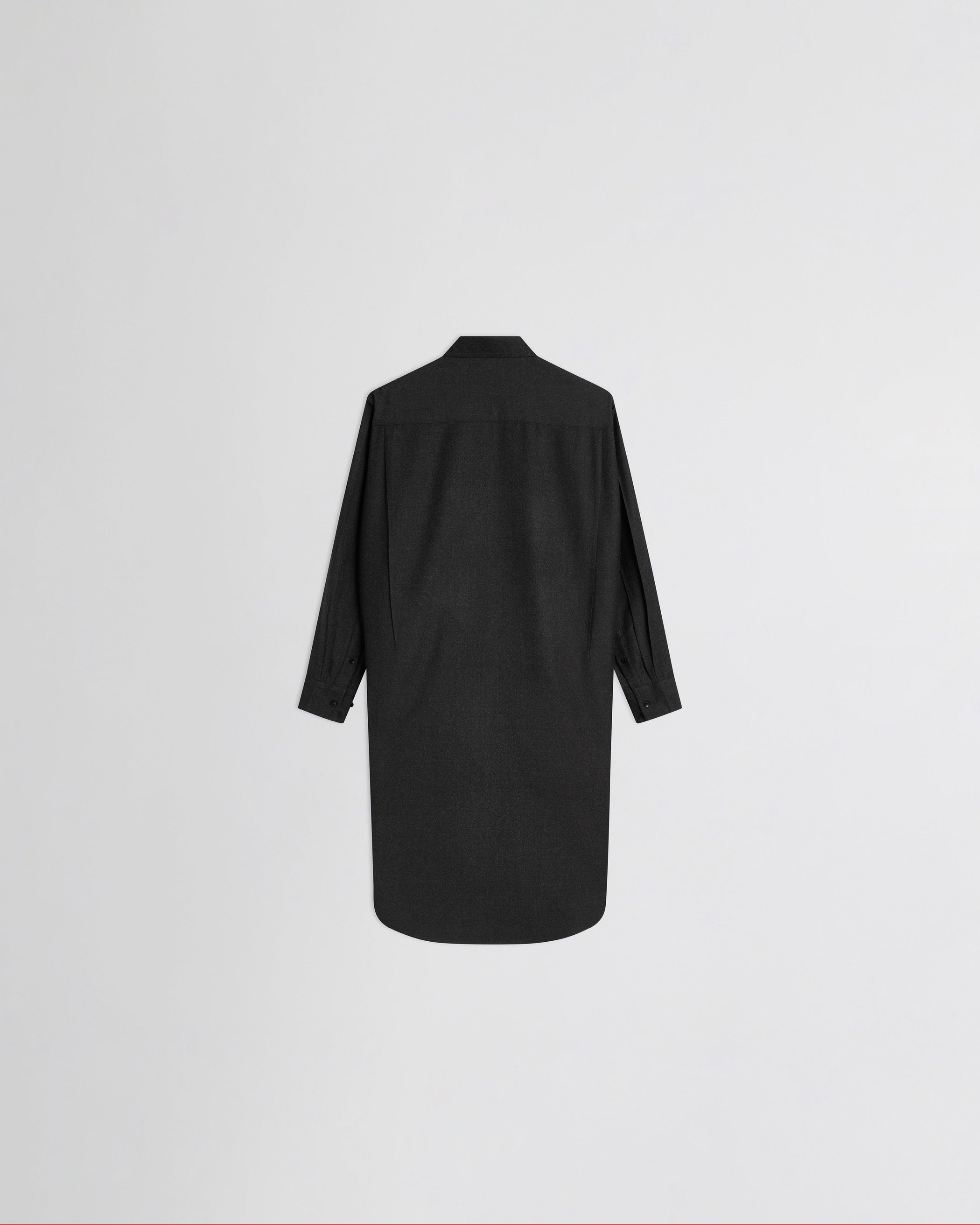 View of elongated shirt in charcoal wool