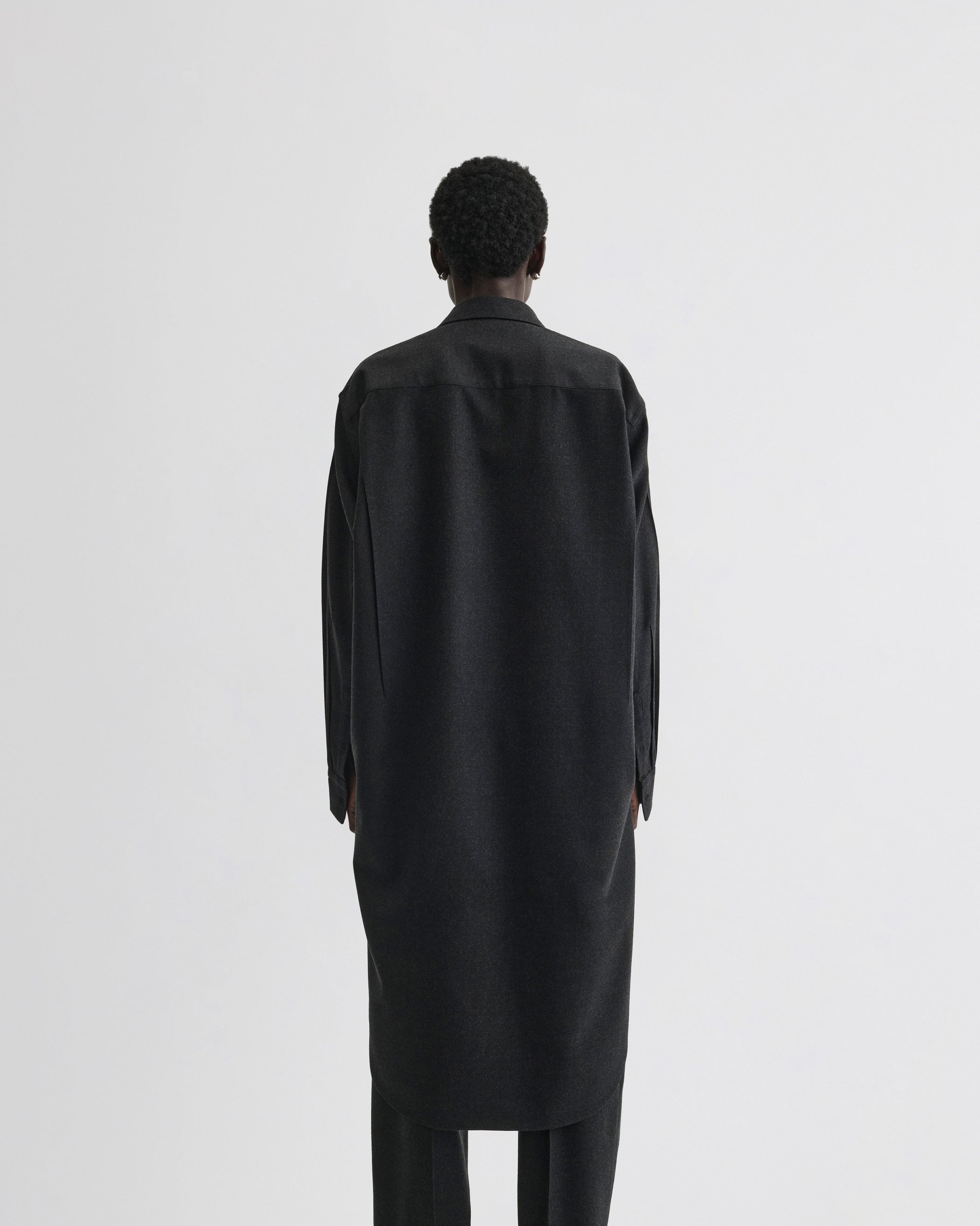 View of elongated shirt in charcoal wool