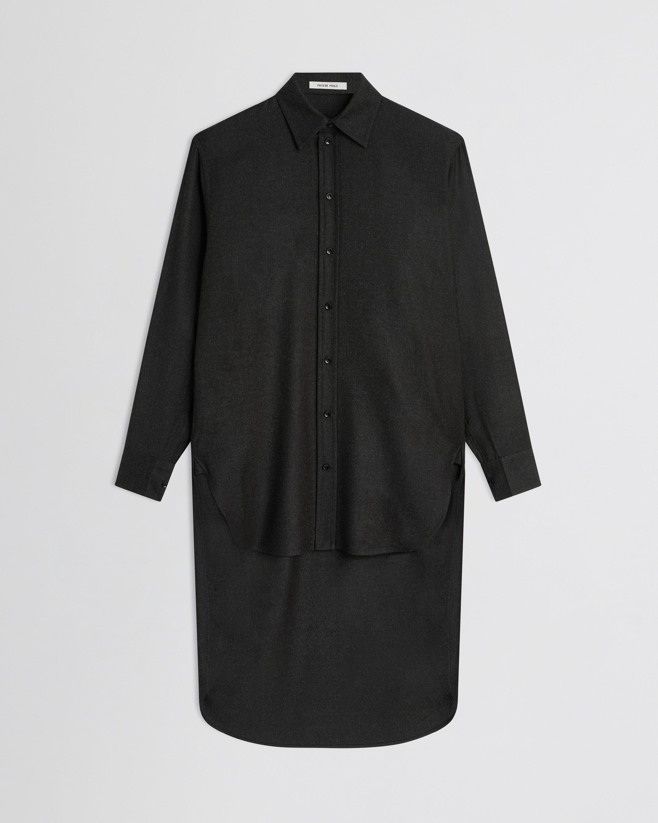 Flat front view of Elongated Shirt in charcoal wool