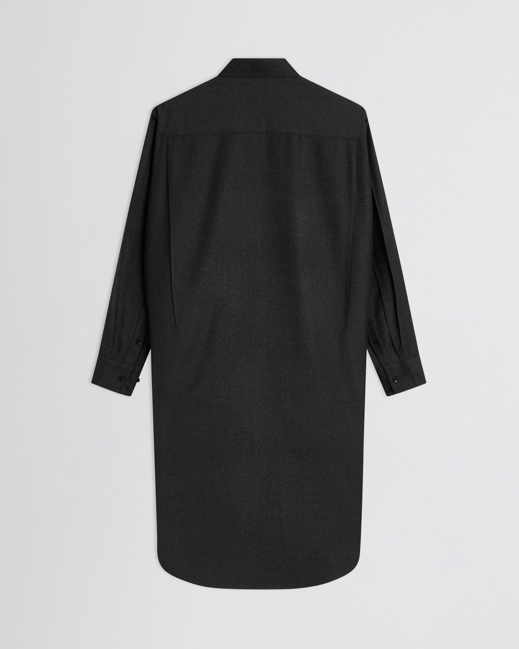 Flat back view of Elongated Shirt in charcoal wool