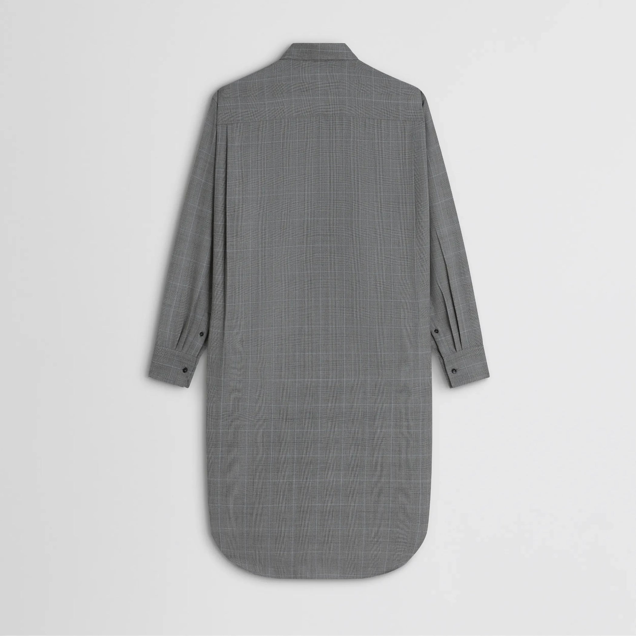Flat back view of elongated shirt in black-blue wool