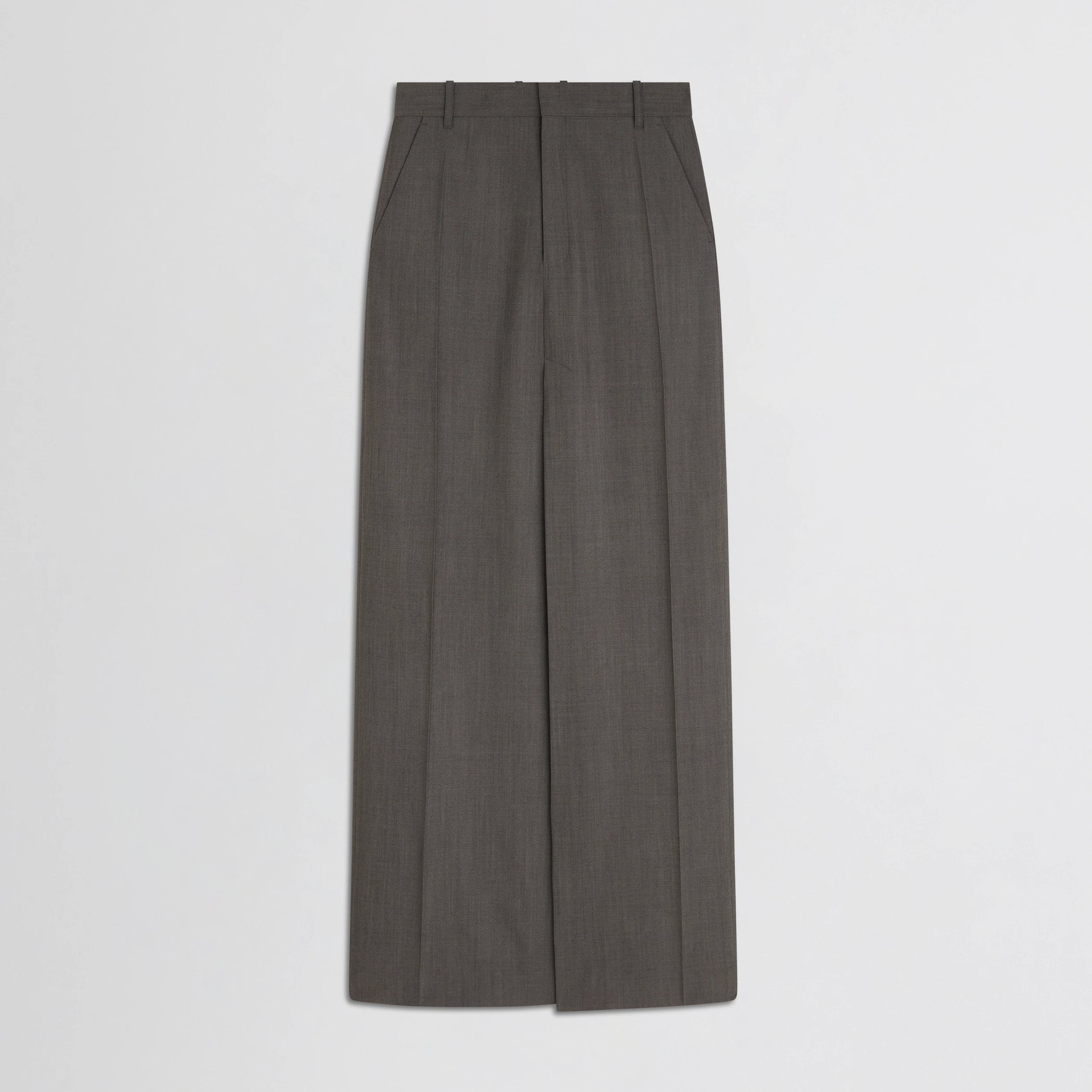 Flat front view of double slit tailored skirt in dark taupe wool.