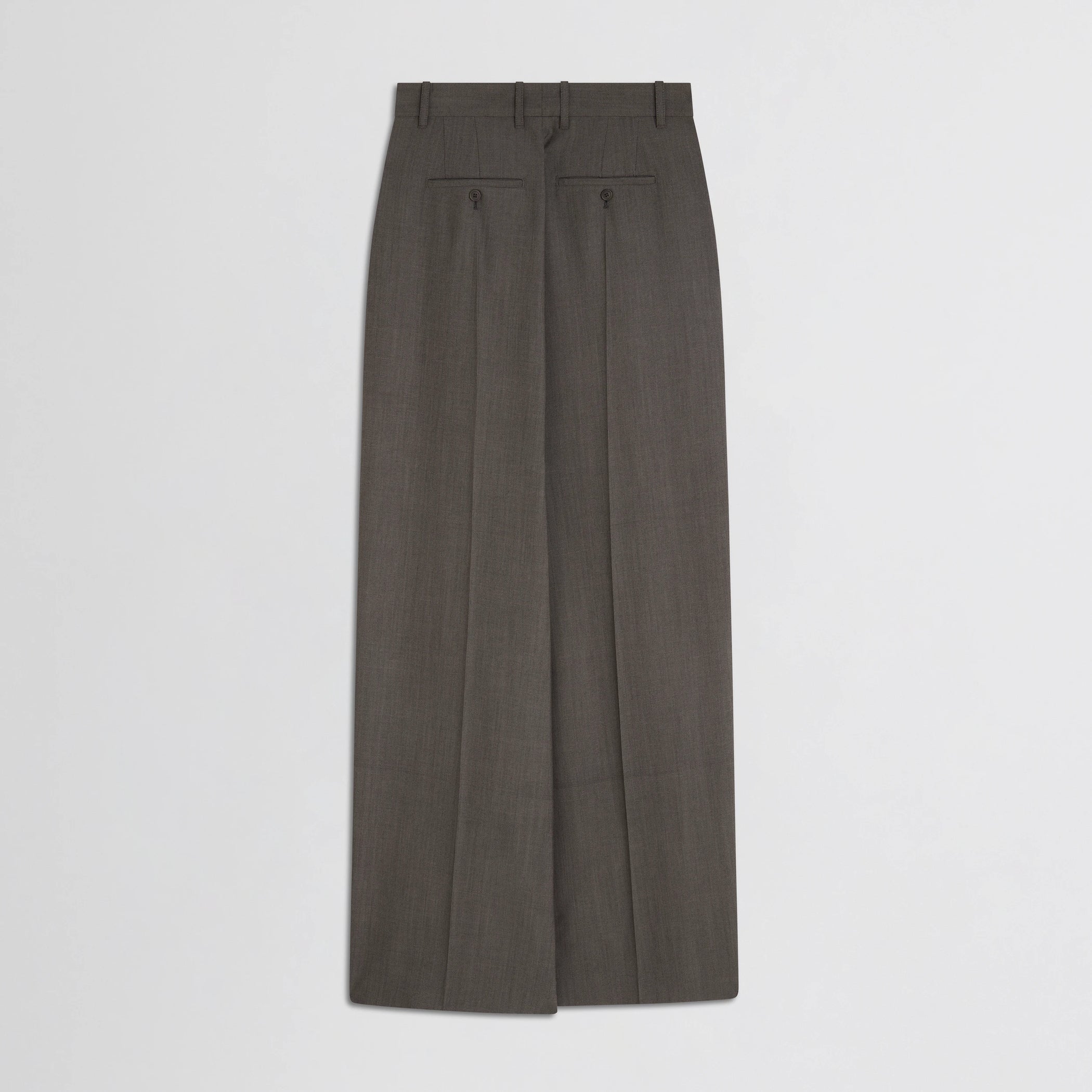 Flat back view of double slit tailored skirt in dark taupe wool.