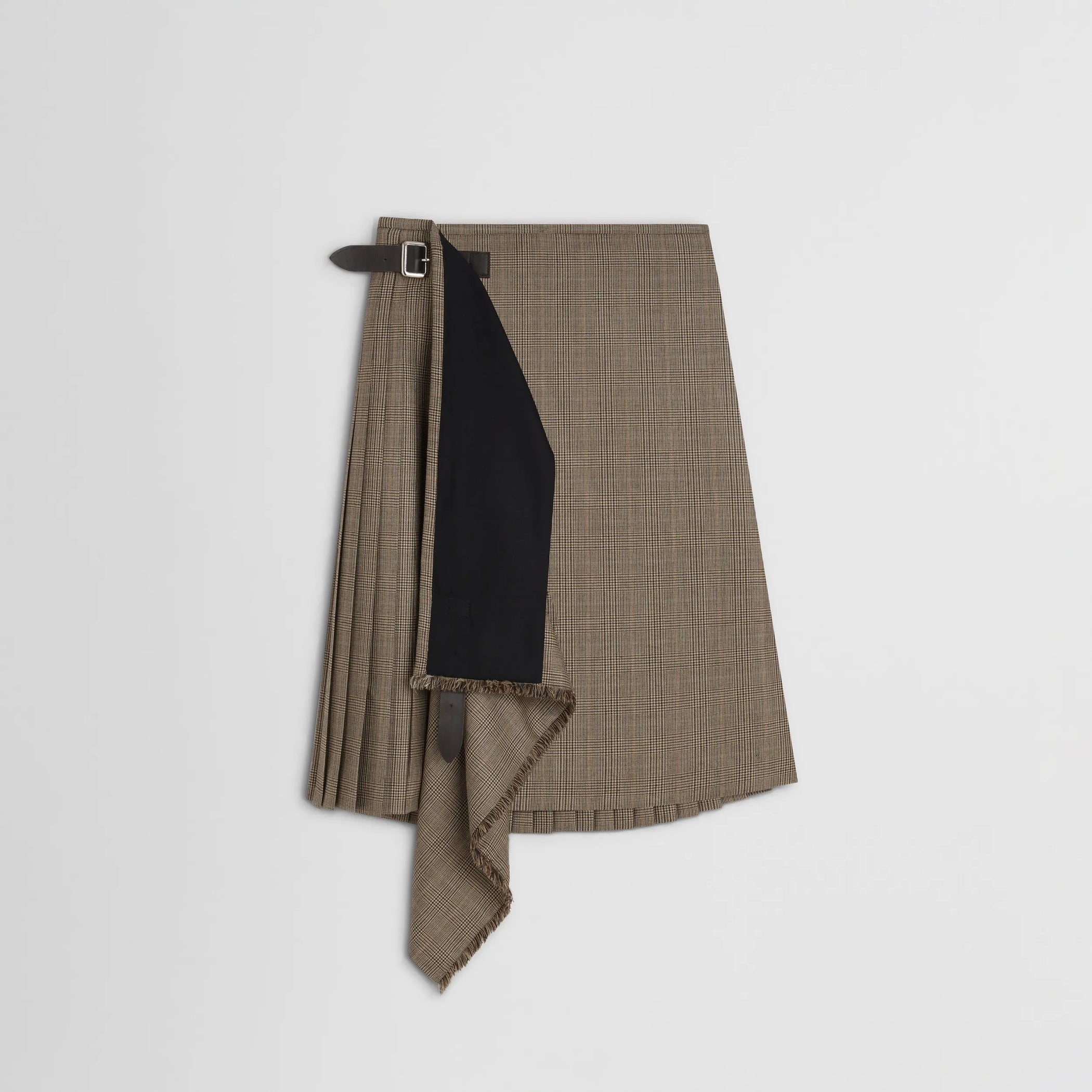 Flat front view of kilt in tobacco wool