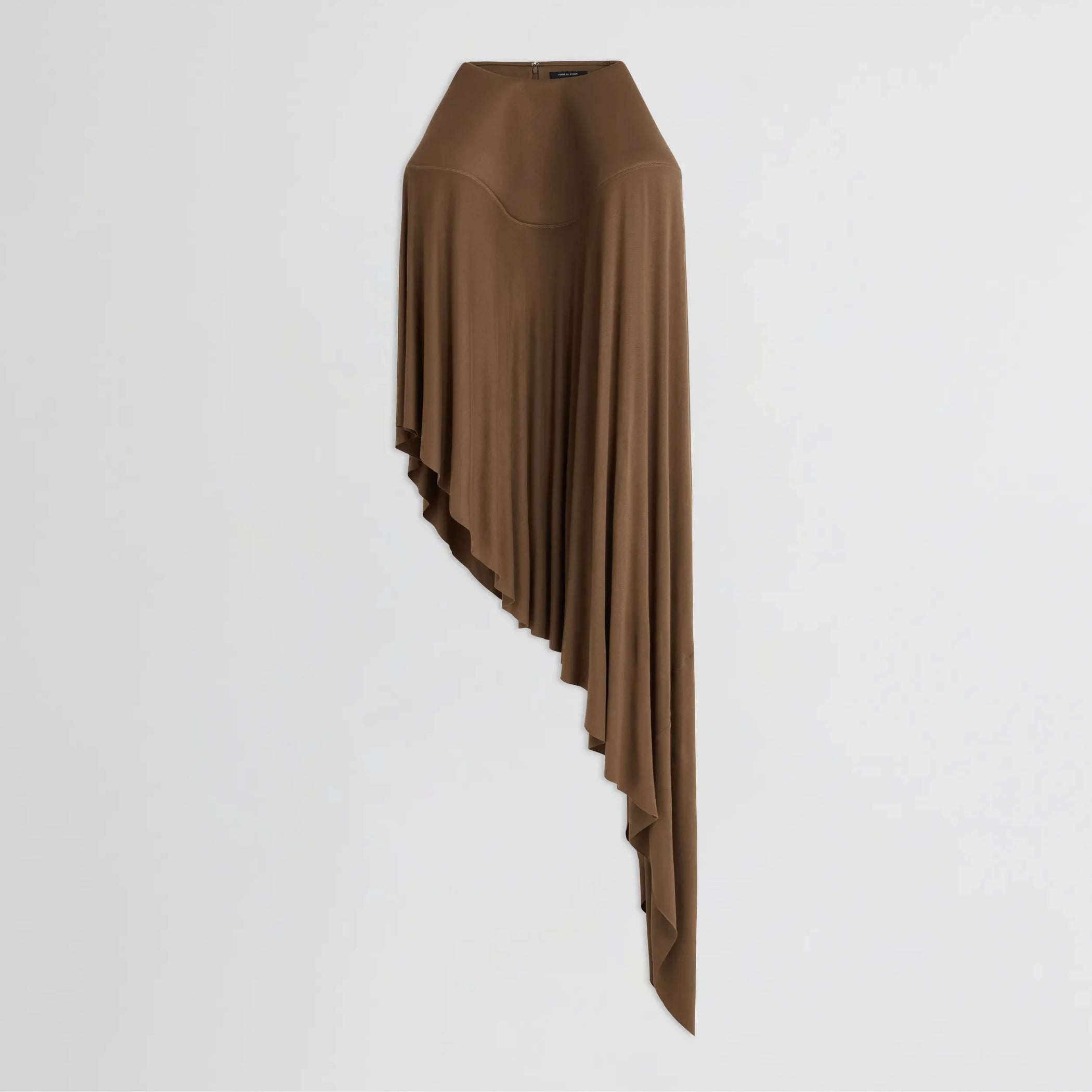 Flat front view of sculptural skirt in toffee jersey