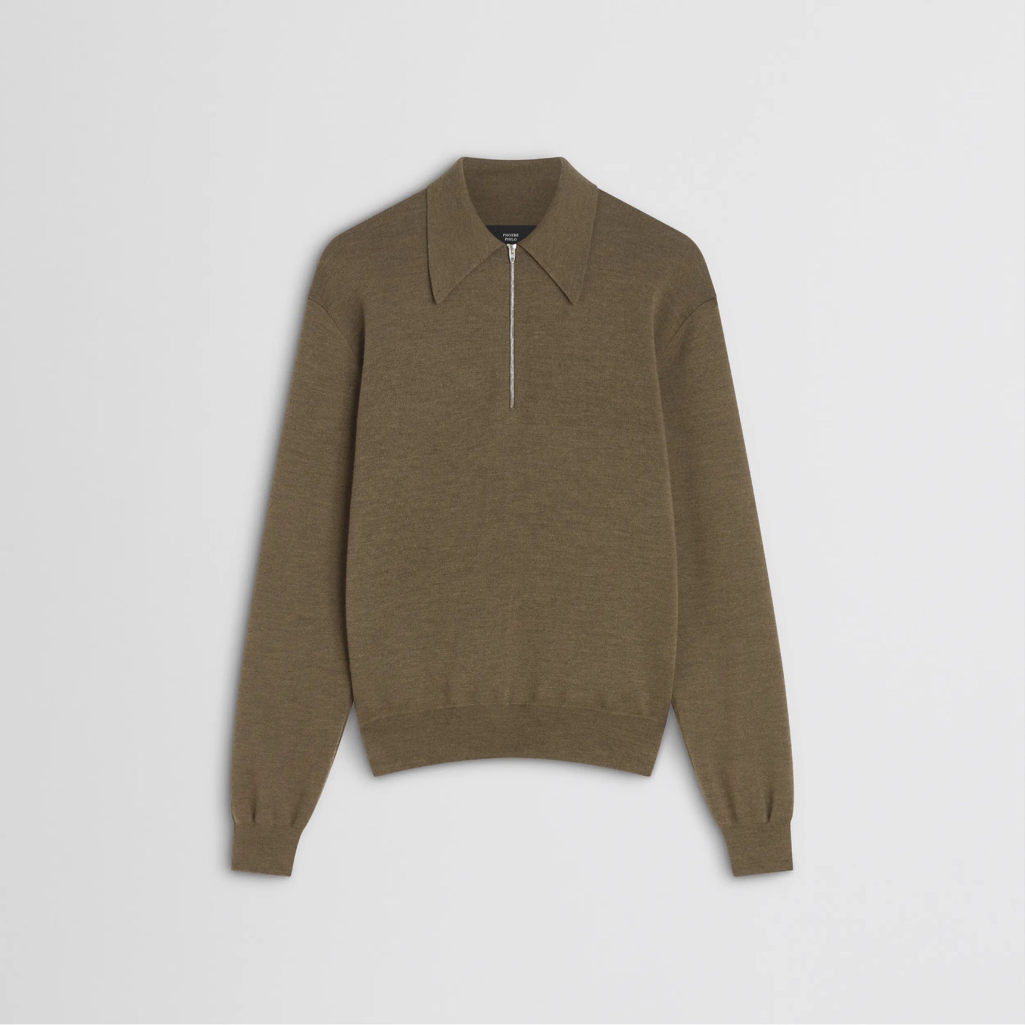 Flat front view of zip polo in taupe-melange wool