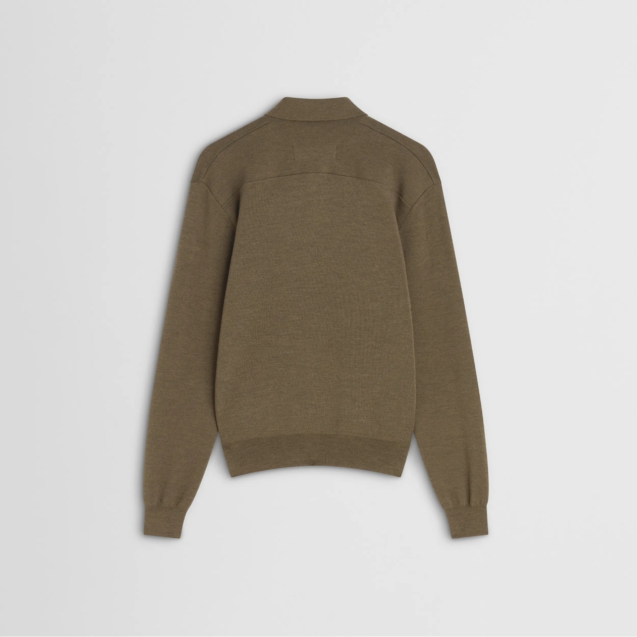 Flat back view of zip polo in taupe-melange wool
