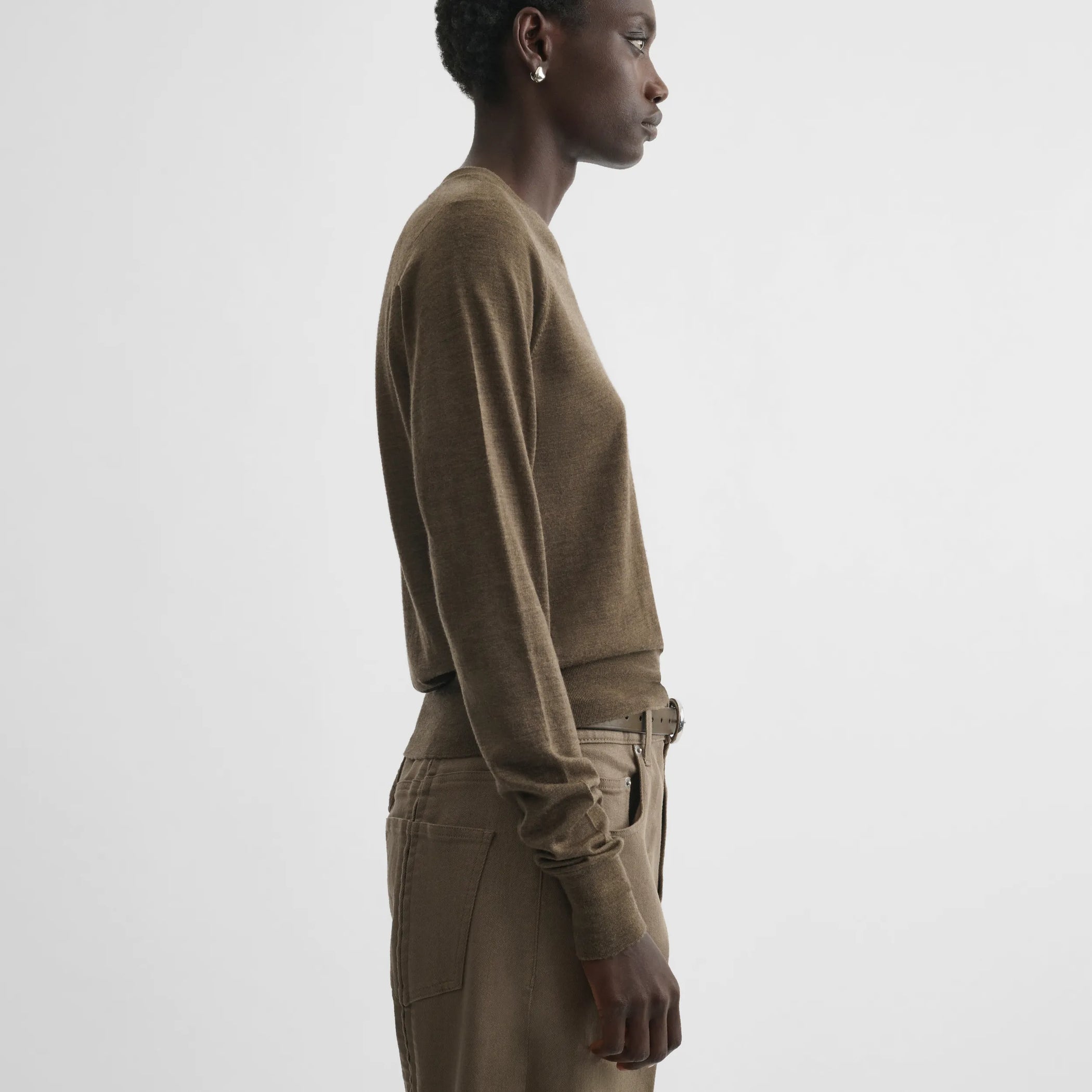 Side view of shrunk v-neck in taupe wool