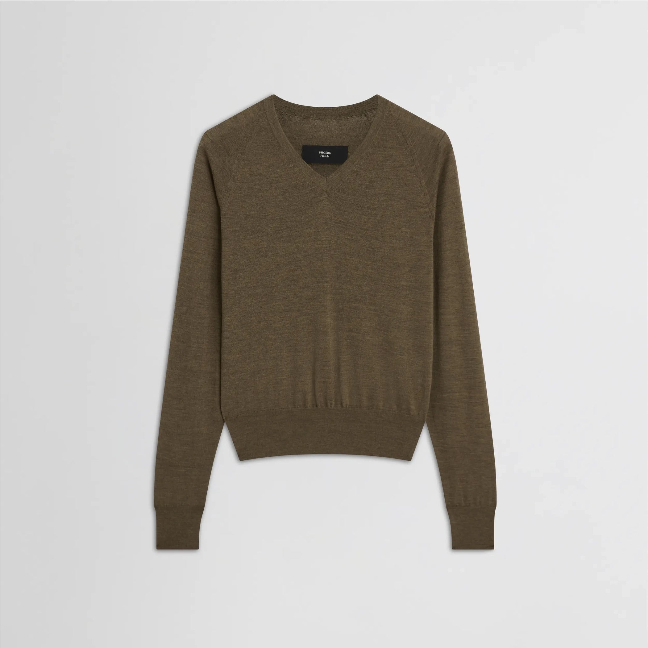 Flat front view of shrunk v-neck in taupe wool