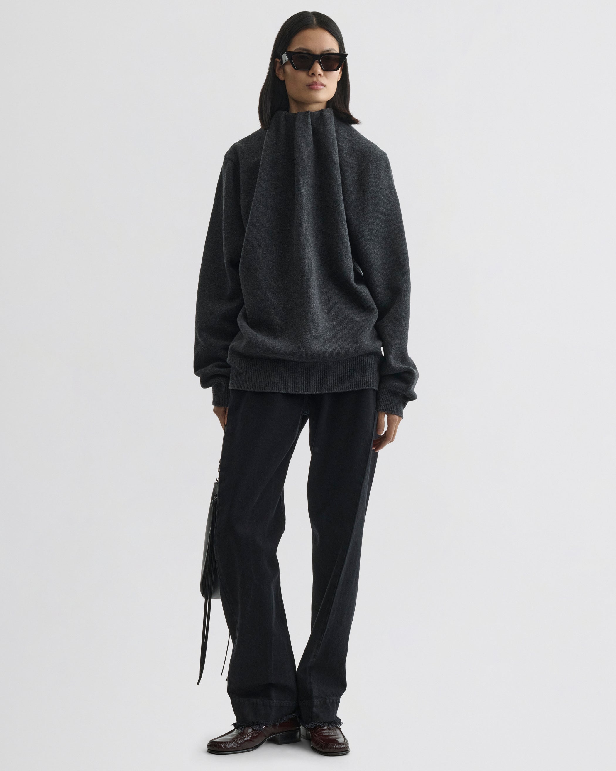 Front view of model wearing SOFT RIDGE JUMPER in grey melange wool