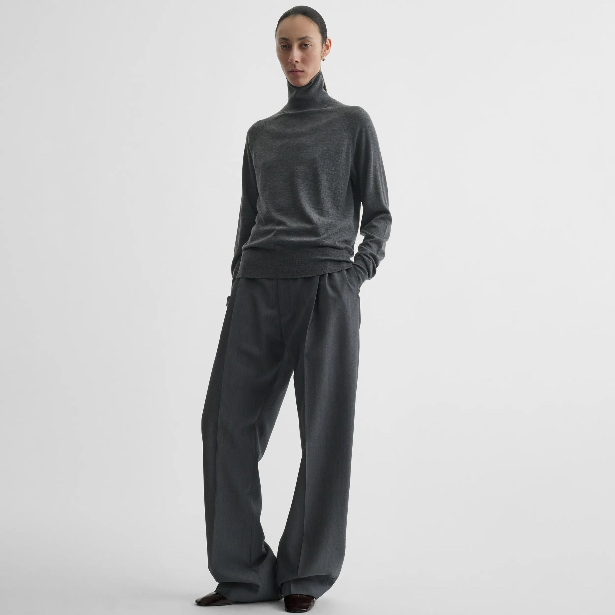 Front view of high neck jumper in anthracite-melange wool