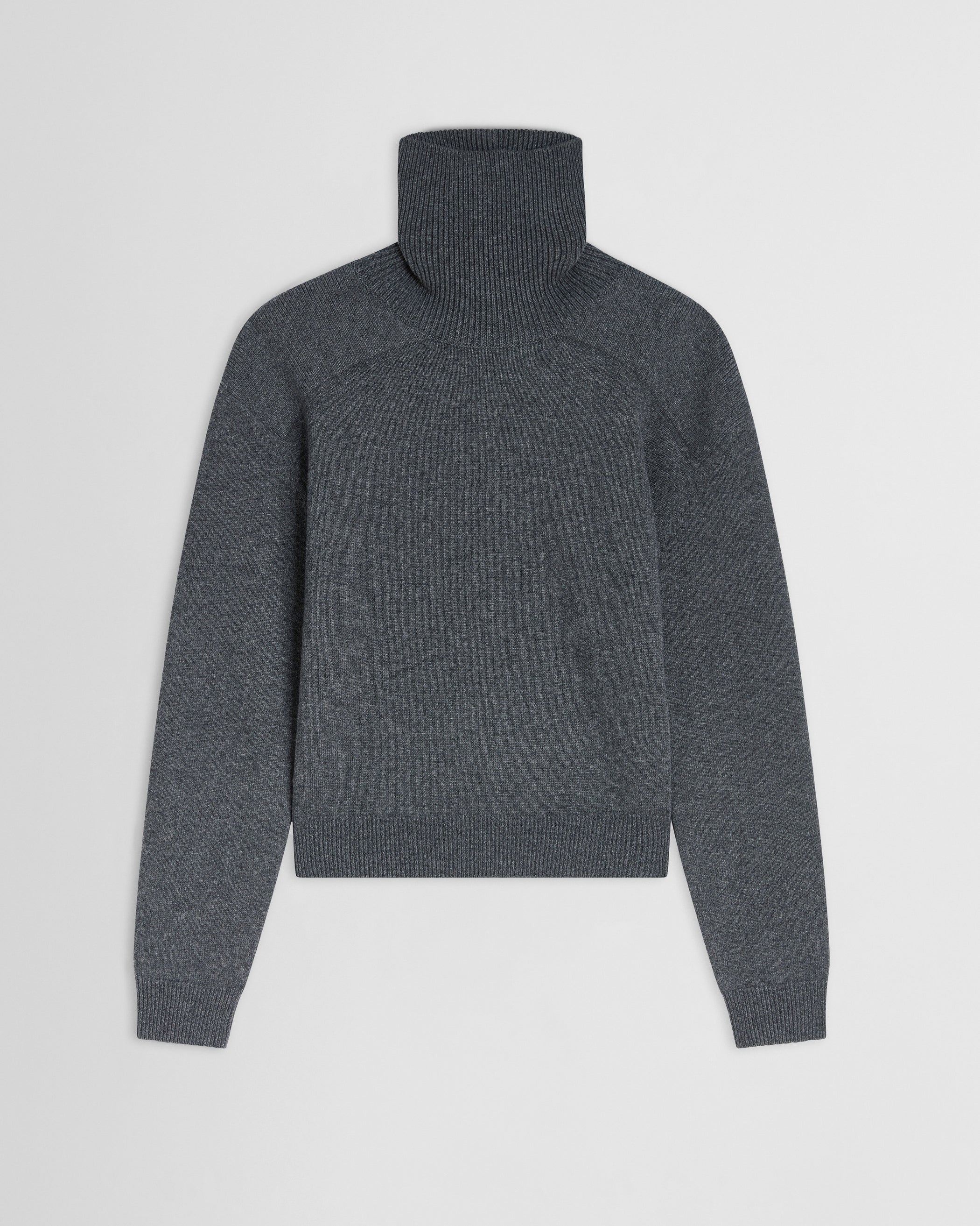 Flat front view of Patch Shoulder Jumper in grey melange wool cashmere