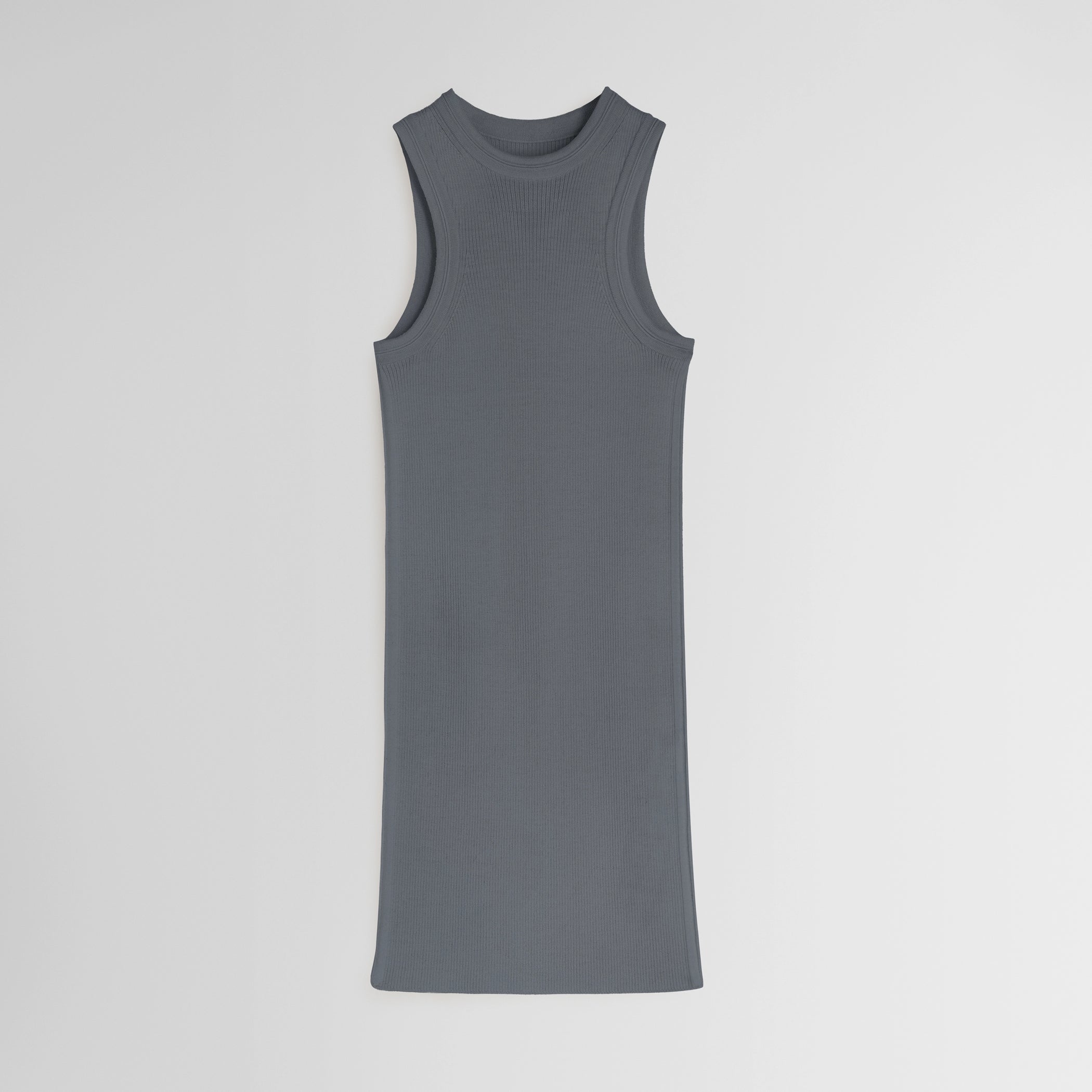 Flat front view of ribbed tank in grey wool 