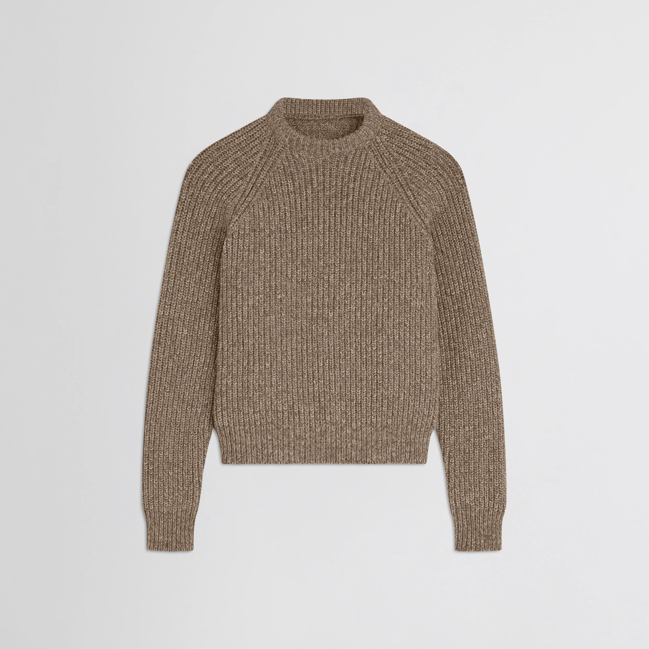 Flat front view of mouline jumper in camel wool.