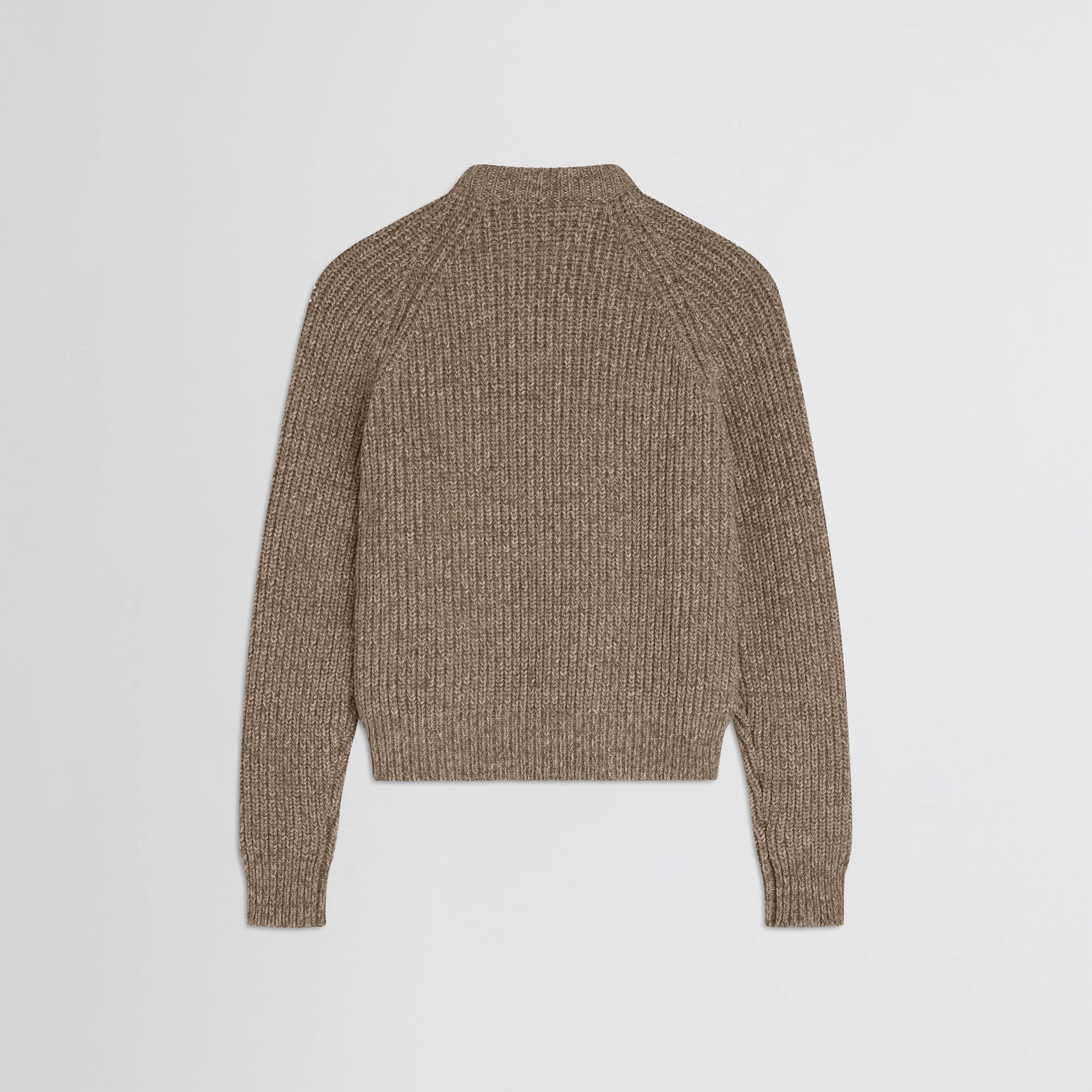 Flat back view of mouline jumper in camel wool.