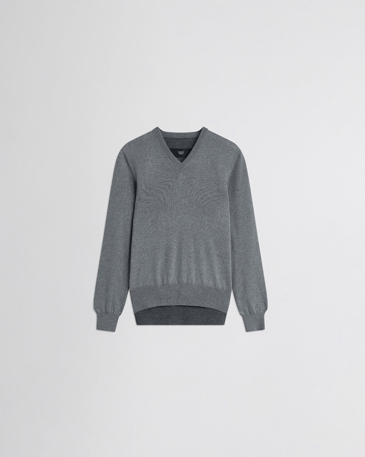 Front view of Backed V Neck Sweater in light grey wool
