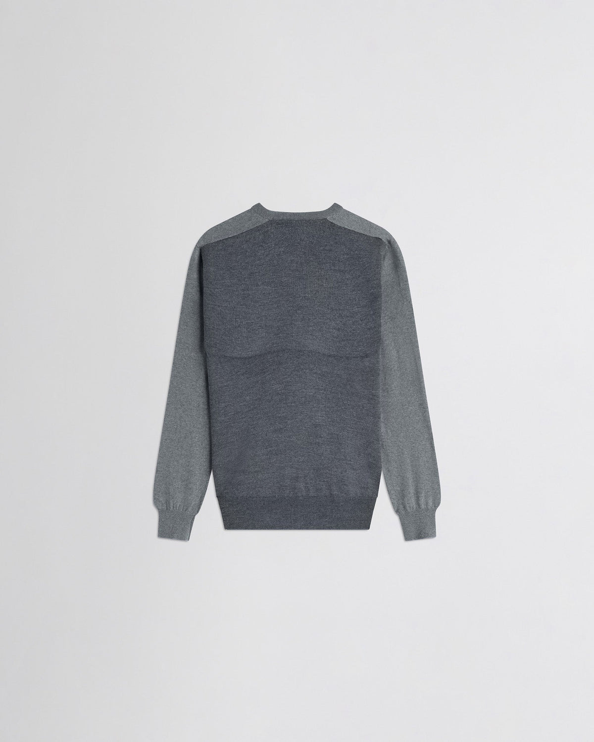 Back view of BACKED V NECK SWEATER in light grey wool