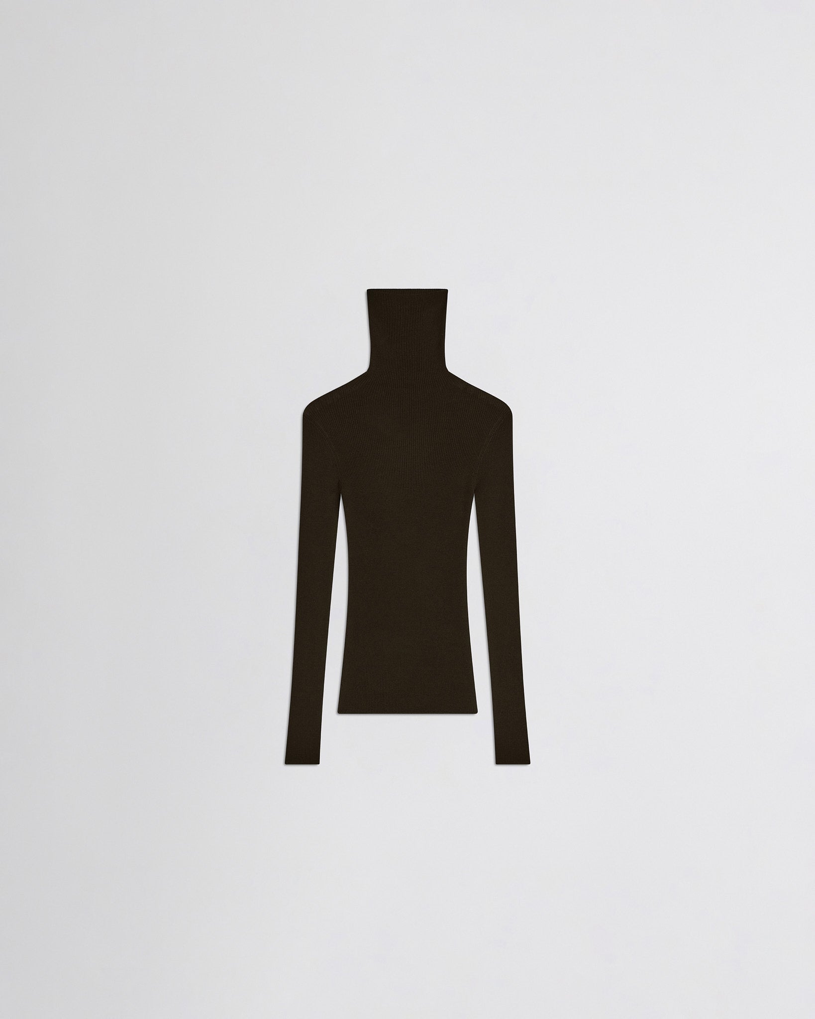 Front flat view of fine rib high neck top in dark khaki wool