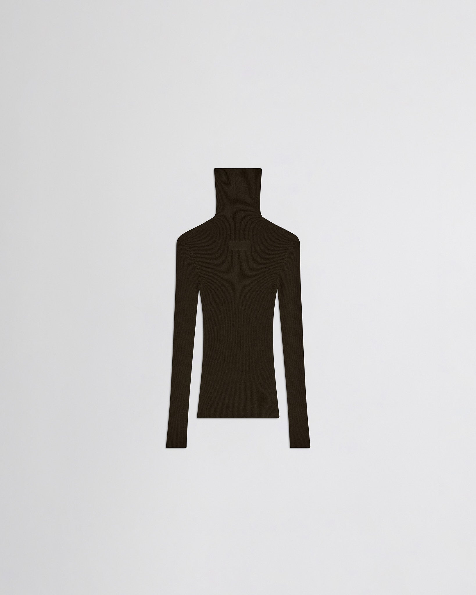 Back flat view of fine rib high neck top in dark khaki wool