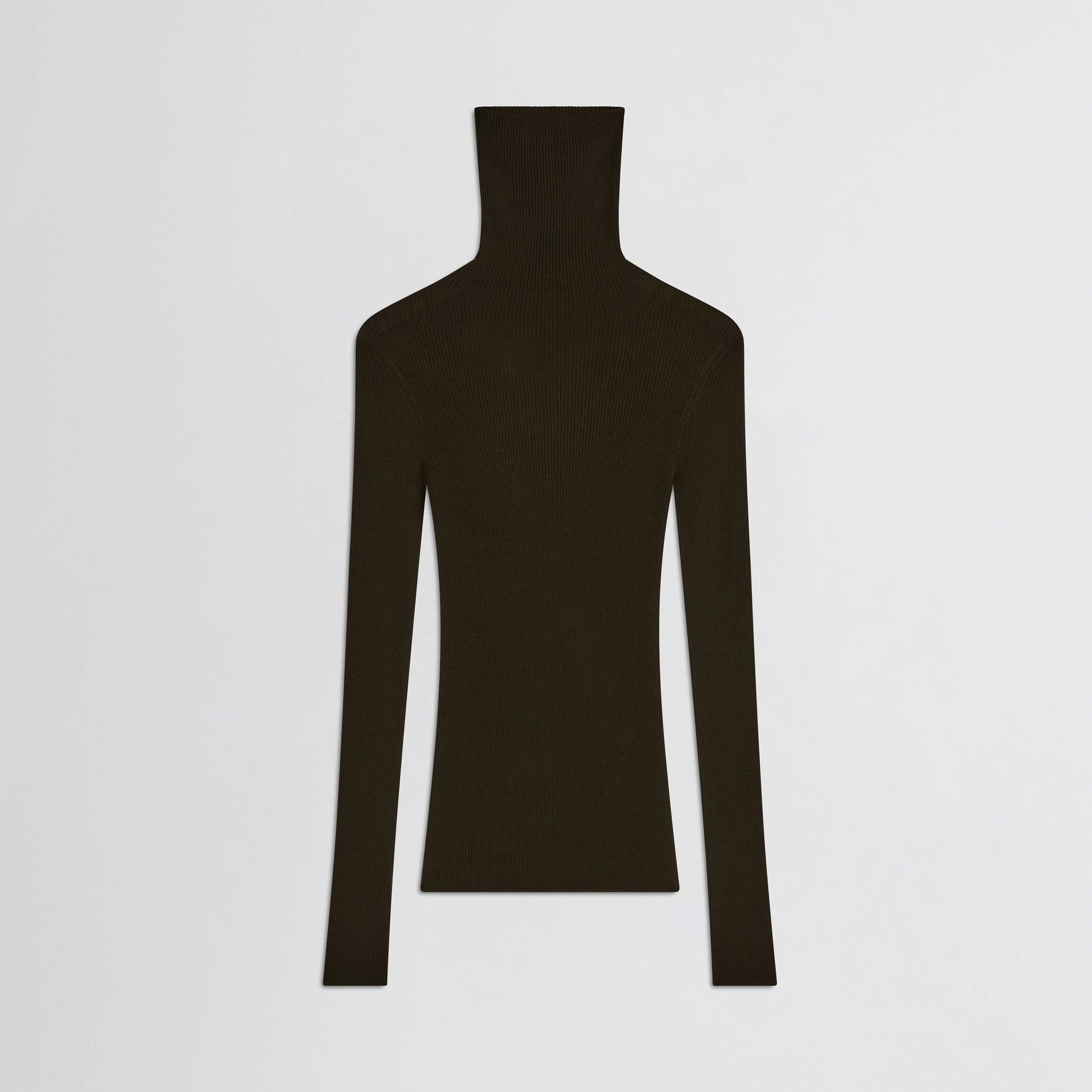 Flat front view of fine rib high neck top in dark khaki wool.