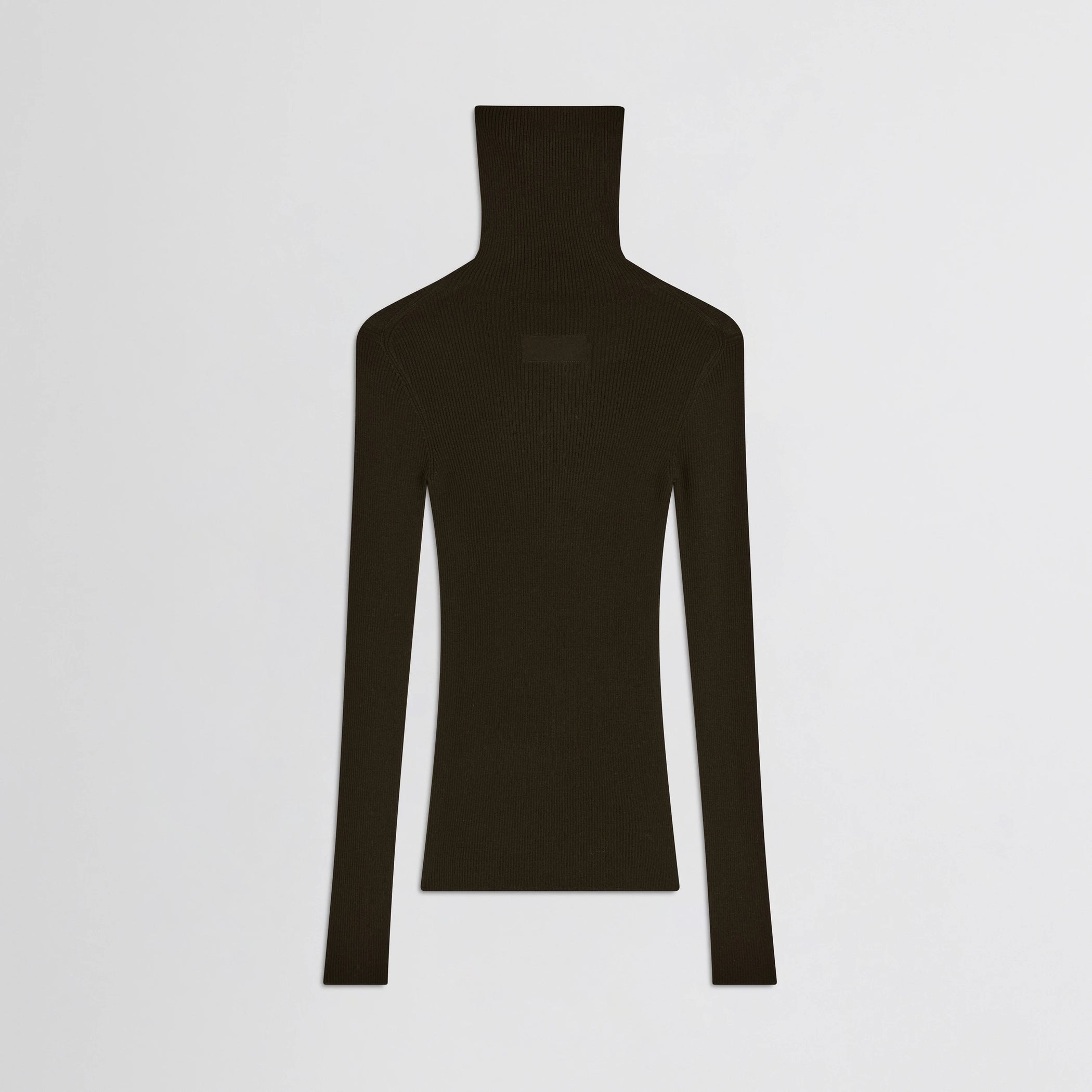 Flat back view of fine rib high neck top in dark khaki wool.