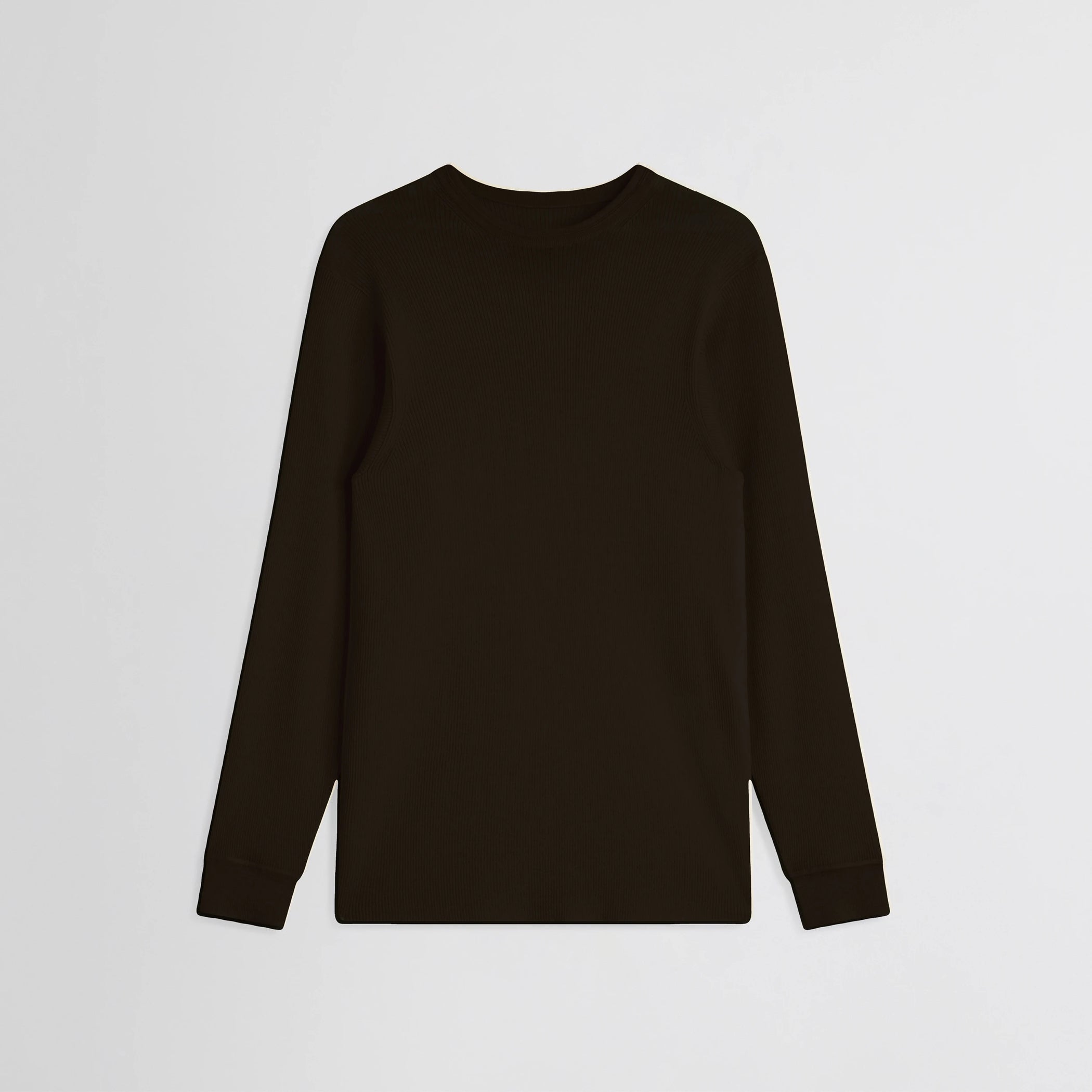 Flat front view of batwing crewneck in dark khaki wool.