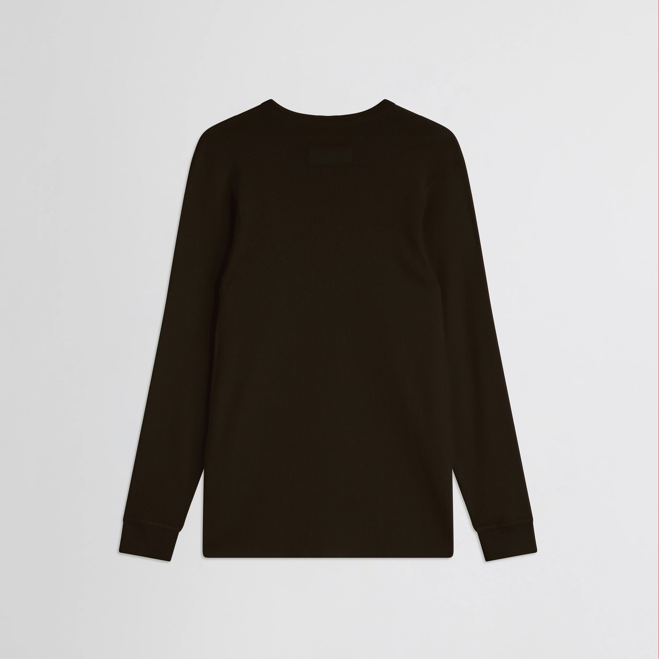 Flat back view of batwing crewneck in dark khaki wool.