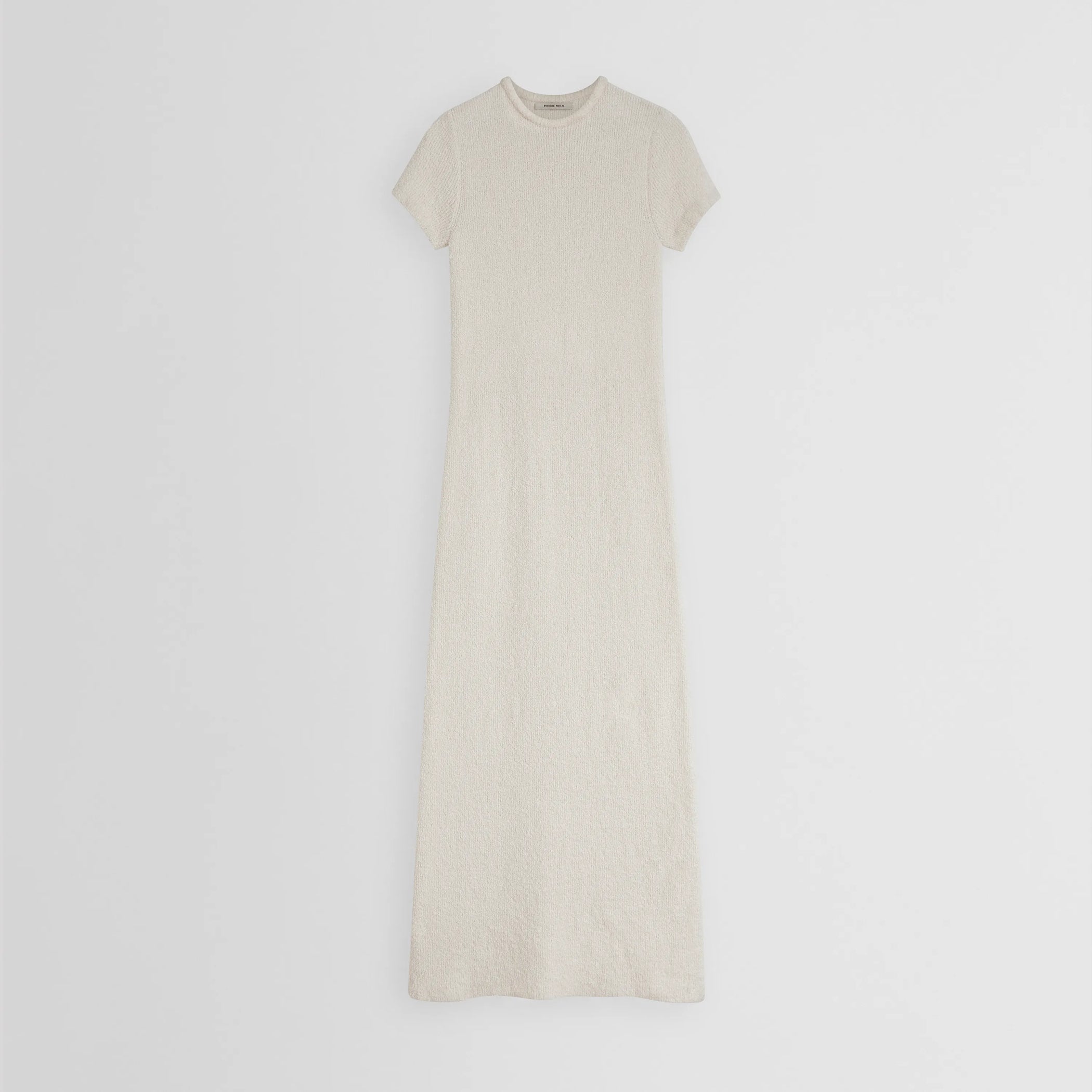 Flat front view of toweling t-shirt dress in cream cotton sponge 