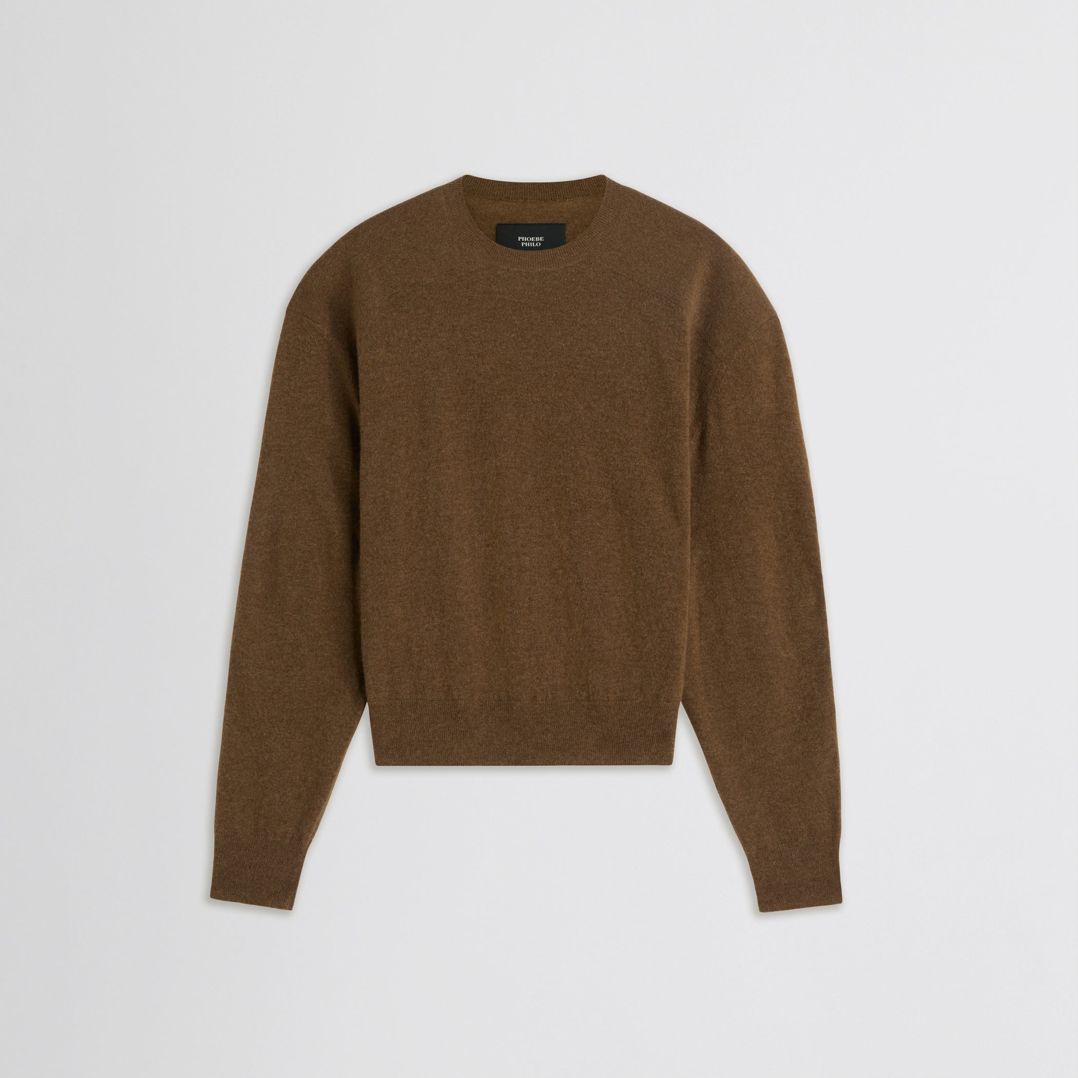 Flat front view of dropped shoulder jumper in tobacco melange cashmere 
