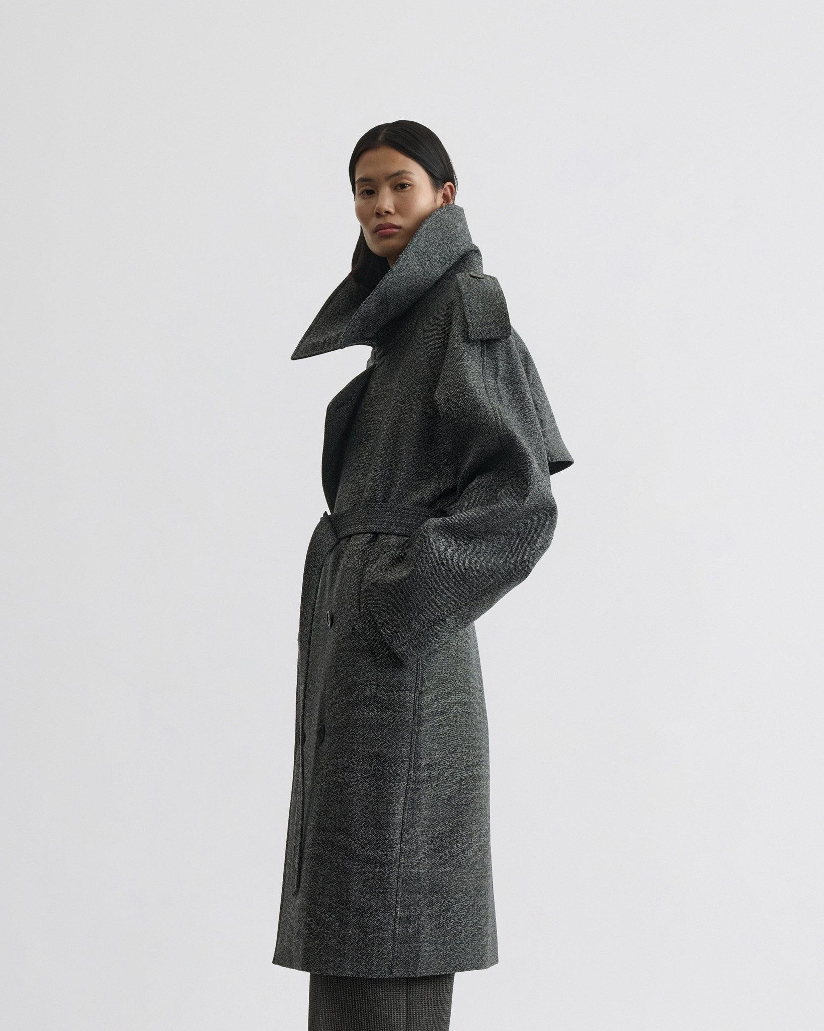 PHOEBE PHILO | PADDED TRENCH COAT | SALT AND PEPPER WOOL