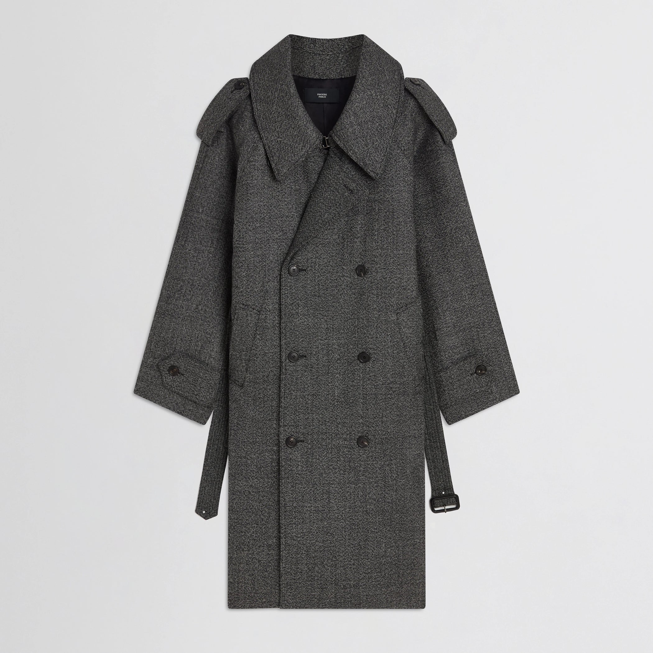 Flat front view of padded trench coat in salt and pepper wool.