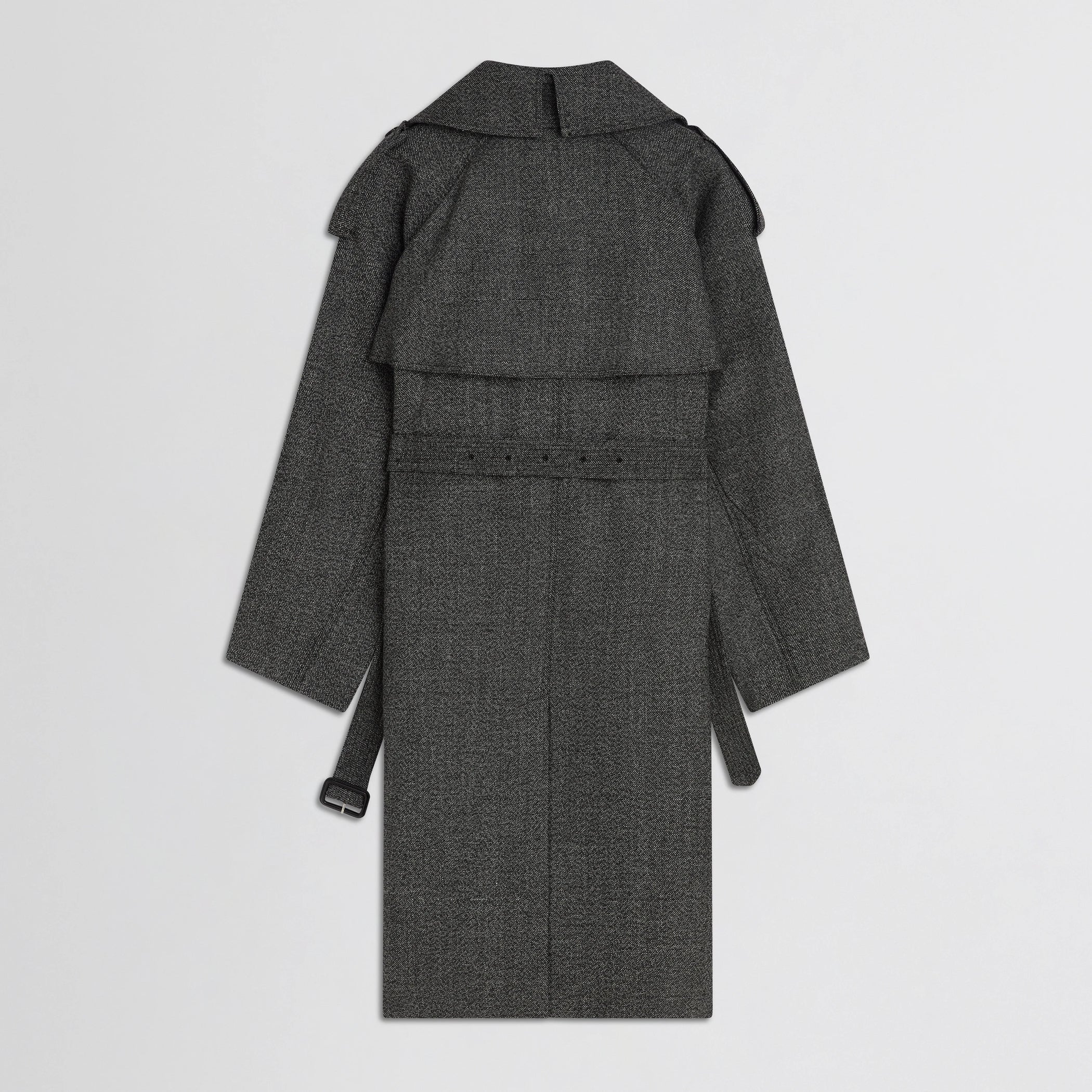 Flat back view of padded trench coat in salt and pepper wool.