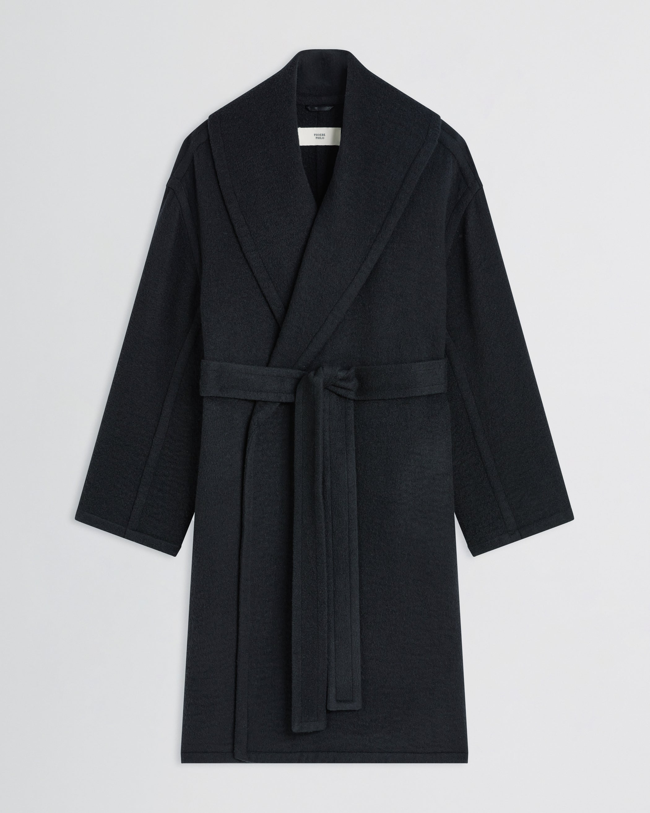 Flat front view of ROBE COAT in black cashmere
