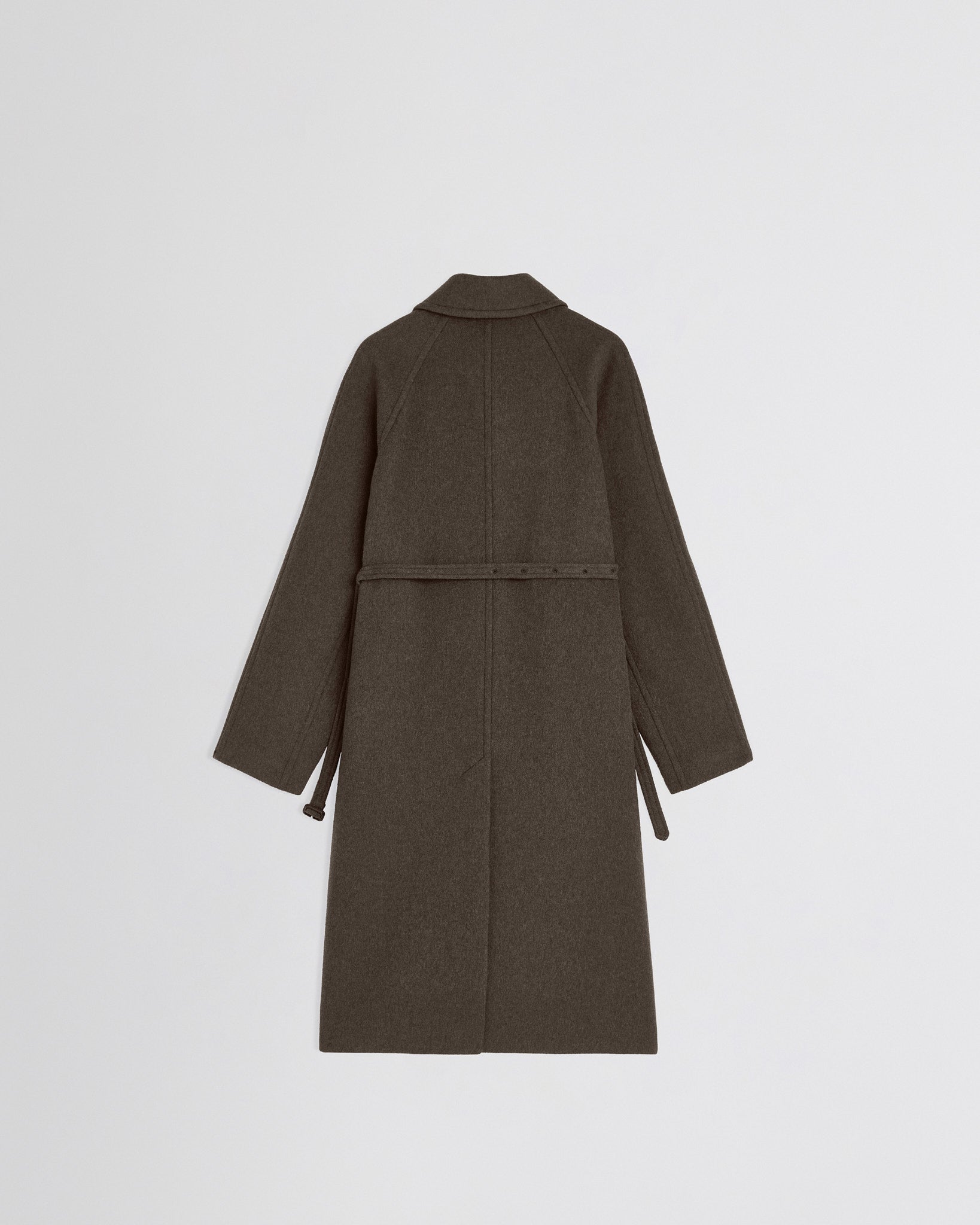 Flat back view of curve shoulder coat in brown cashmere.