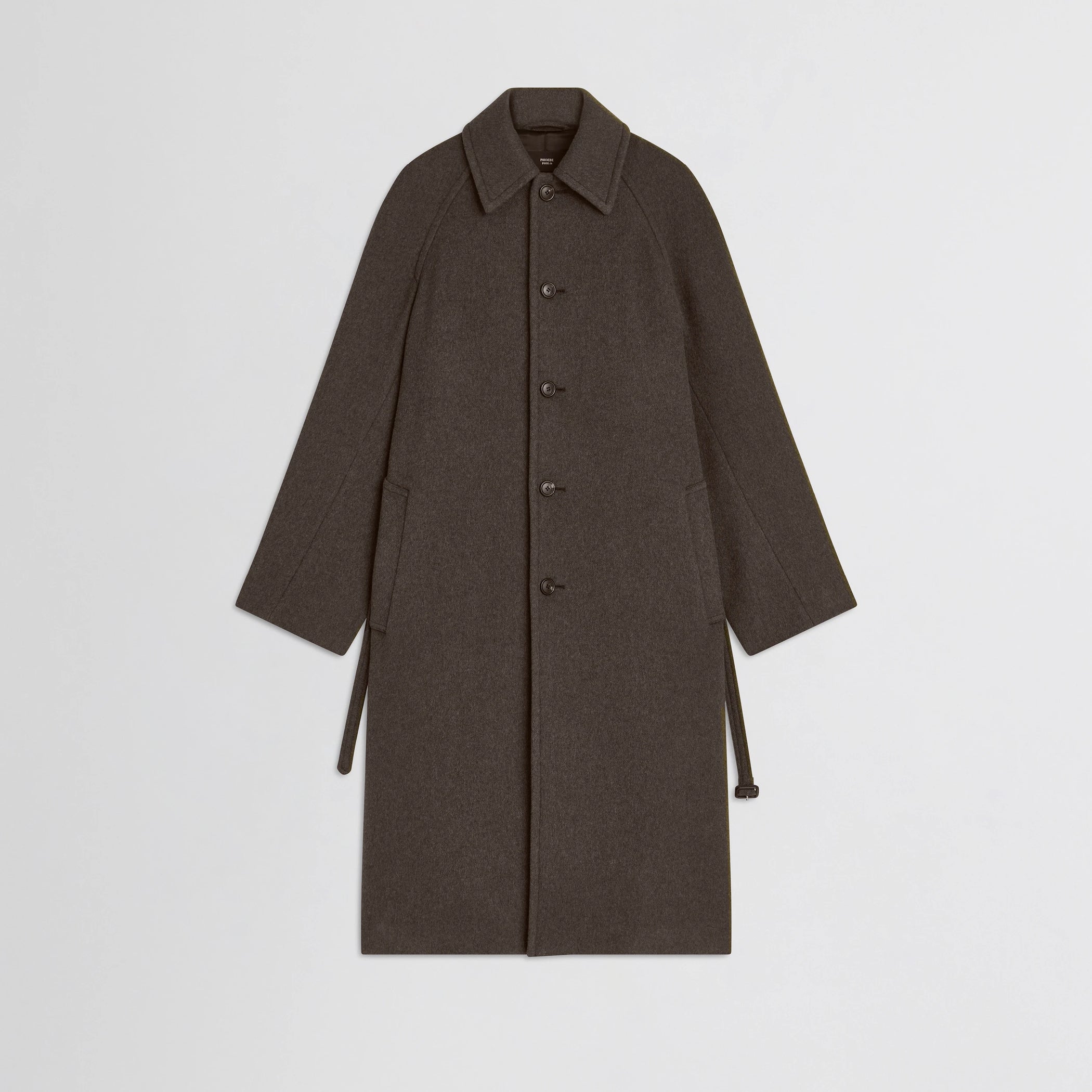 Flat front view of curve shoulder coat in brown cashmere.
