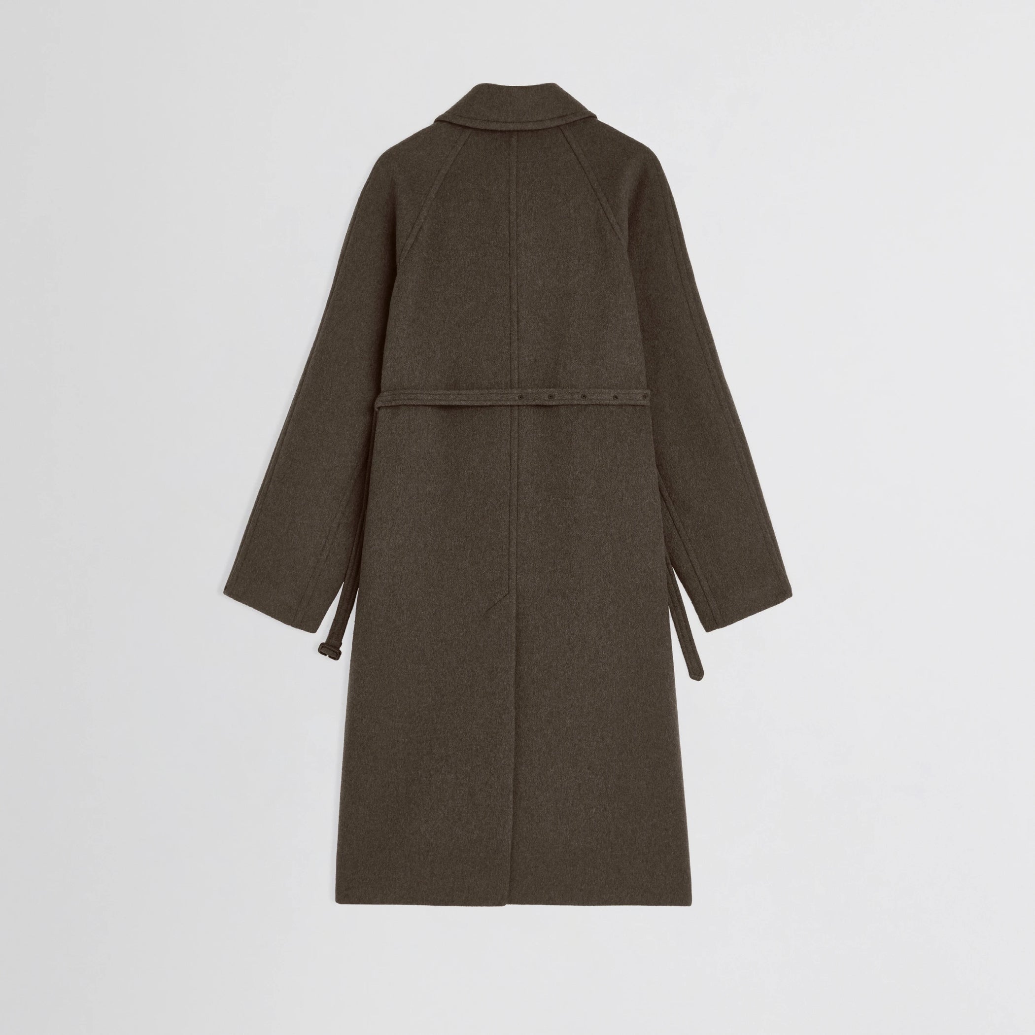 Flat back view of curve shoulder coat in brown cashmere.