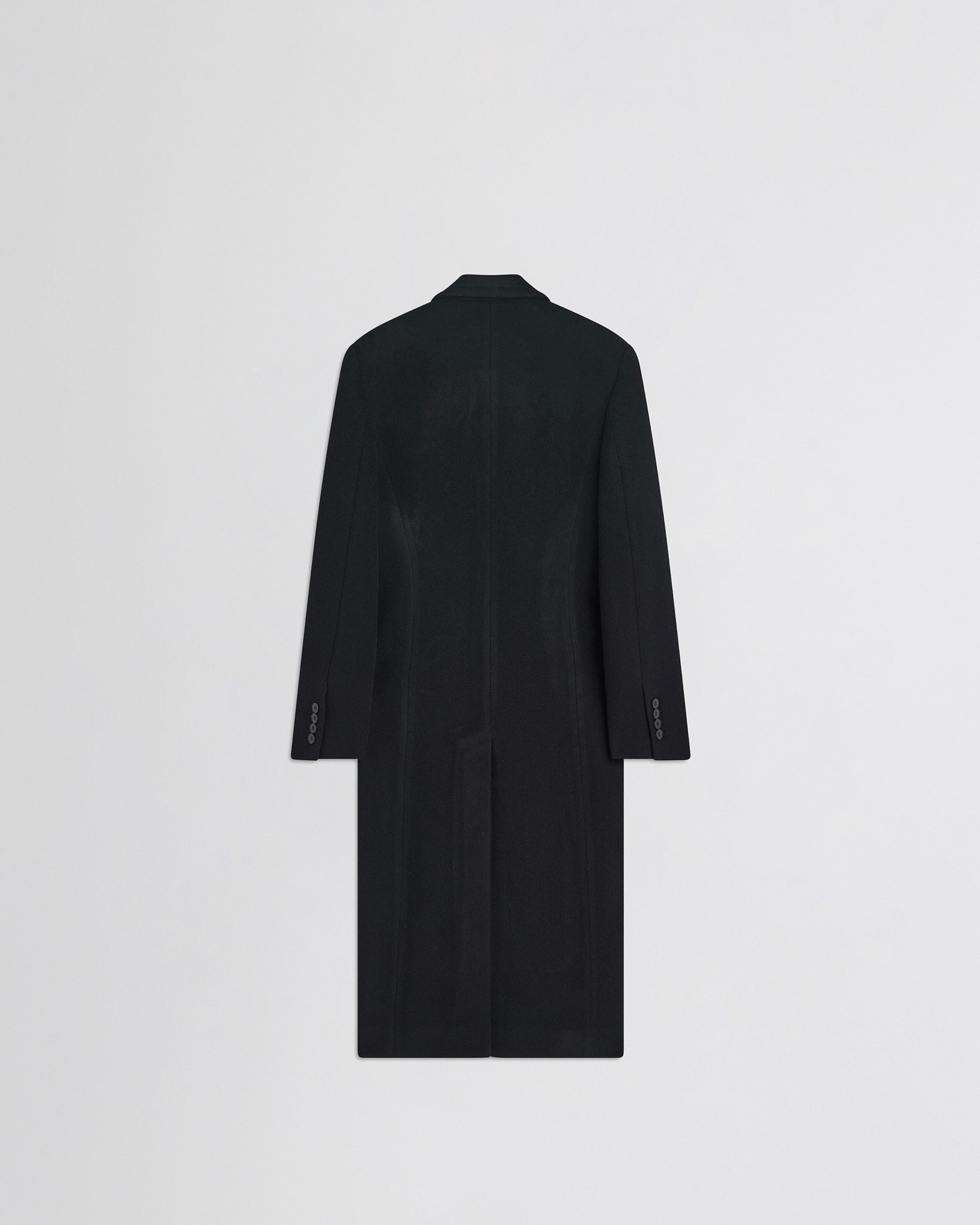 Flat back view of classic coat in black cashmere