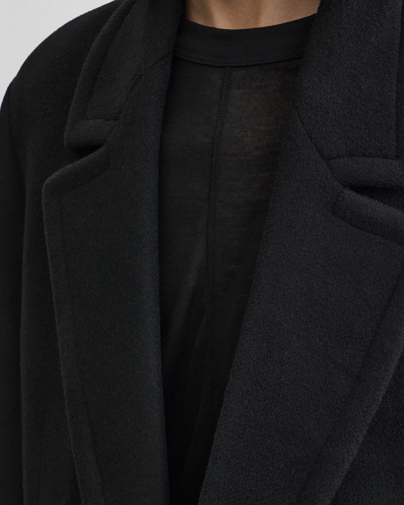 Close up detail view of classic coat in black cashmere.