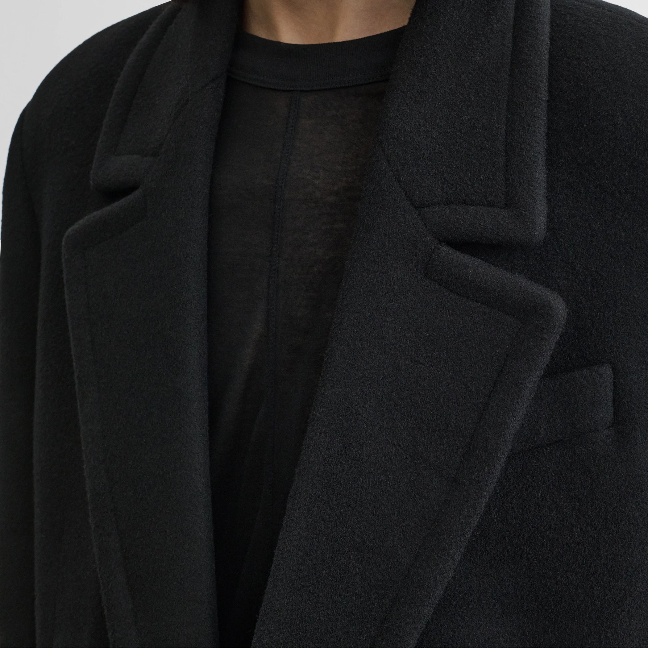 Close up detail view of classic coat in black cashmere.