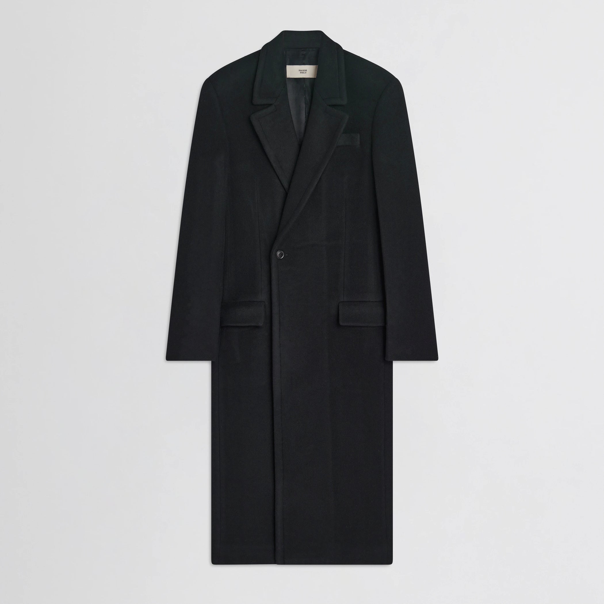 Flat front view of classic coat in black cashmere.